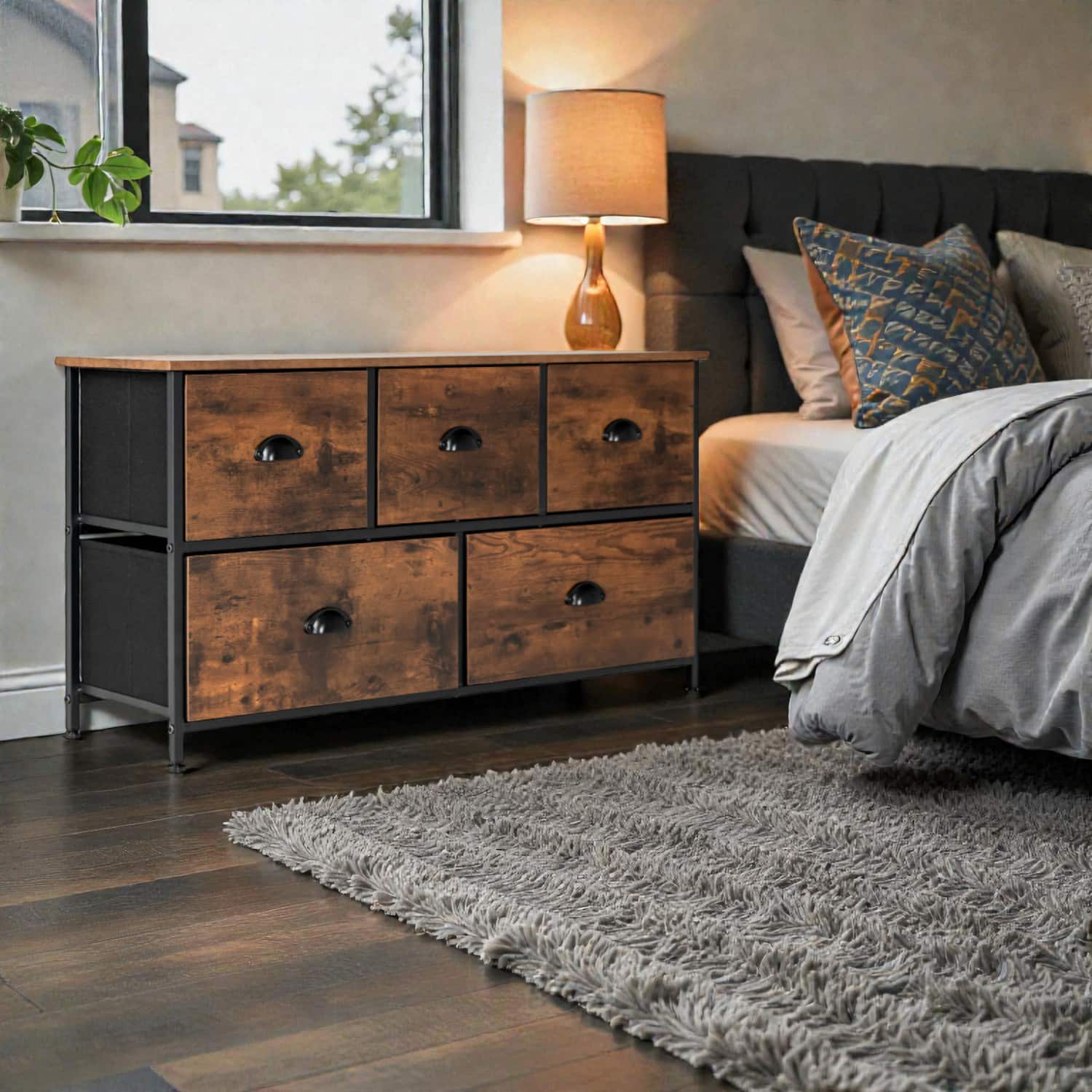 Hivvago - 5-Drawer Storage Cabinet with Wooden Surface - Rustic Brown