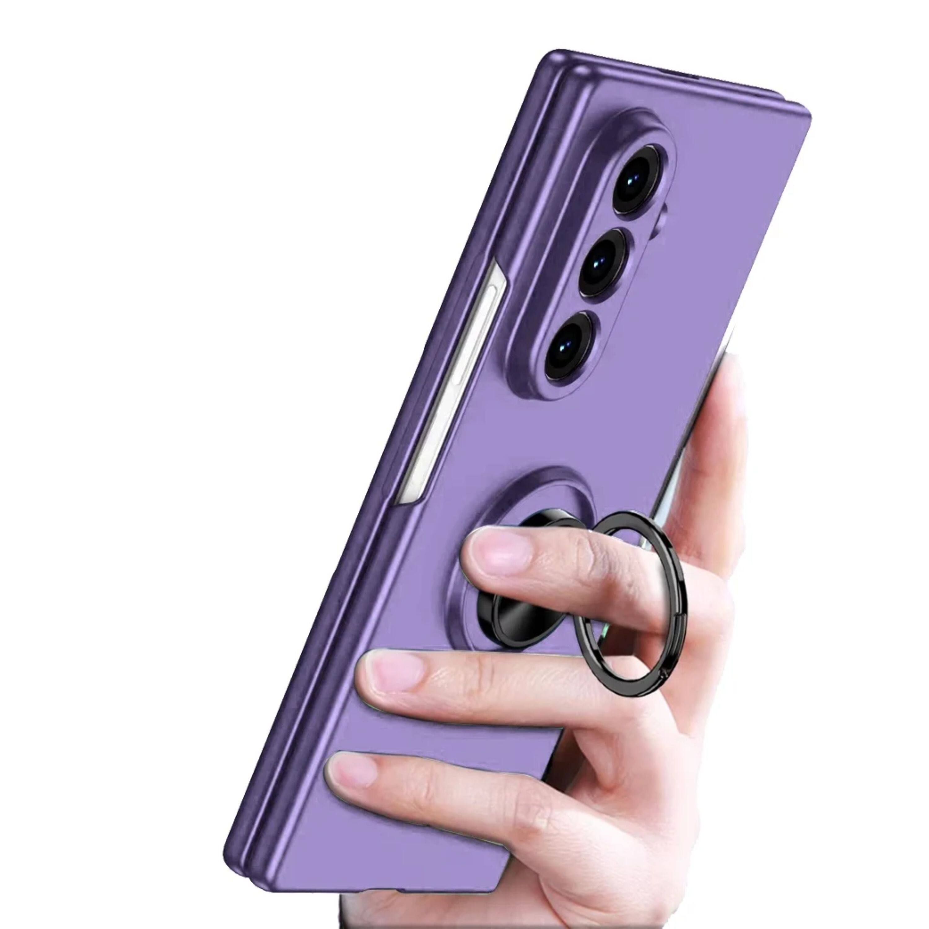 Angle. Kitcheniva - Rubberized Matte Hybrid Case With Metal Ring Stand & Tempered Glass For Samsung Galaxy Z Fold 7 Light Purple - Light Purple.