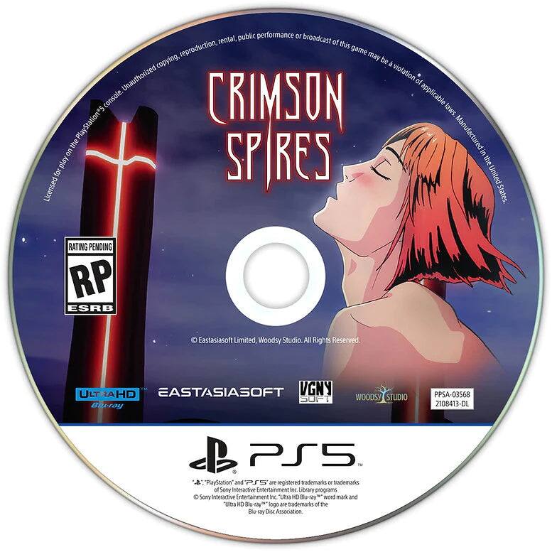 CRIMSON SPIRES

Licensed for use on PlayStation 5 console. Unauthorized copying, reproduction, rental, public performance or broadcast of this game may be a violation of applicable laws. Manufactured in the United States.

RATING PENDING RP ESRB

EASTASIA SOFT LIMITED, WOODSY STUDIO. All Rights Reserved.

ULTRA HD BLU-RAY

EASTASIA SOFT

VGNY SUFT

WOODSY STUDIO

PPSA-03568 2108413-DL

PlayStation and PS5 are registered trademarks or trademarks of Sony Interactive Entertainment Inc. Library programs © Sony Interactive Entertainment Inc. "Ultra HD Blu-ray" word mark and Ultra HD Blu-ray logo are trademarks of the Blu-ray Disc Association.