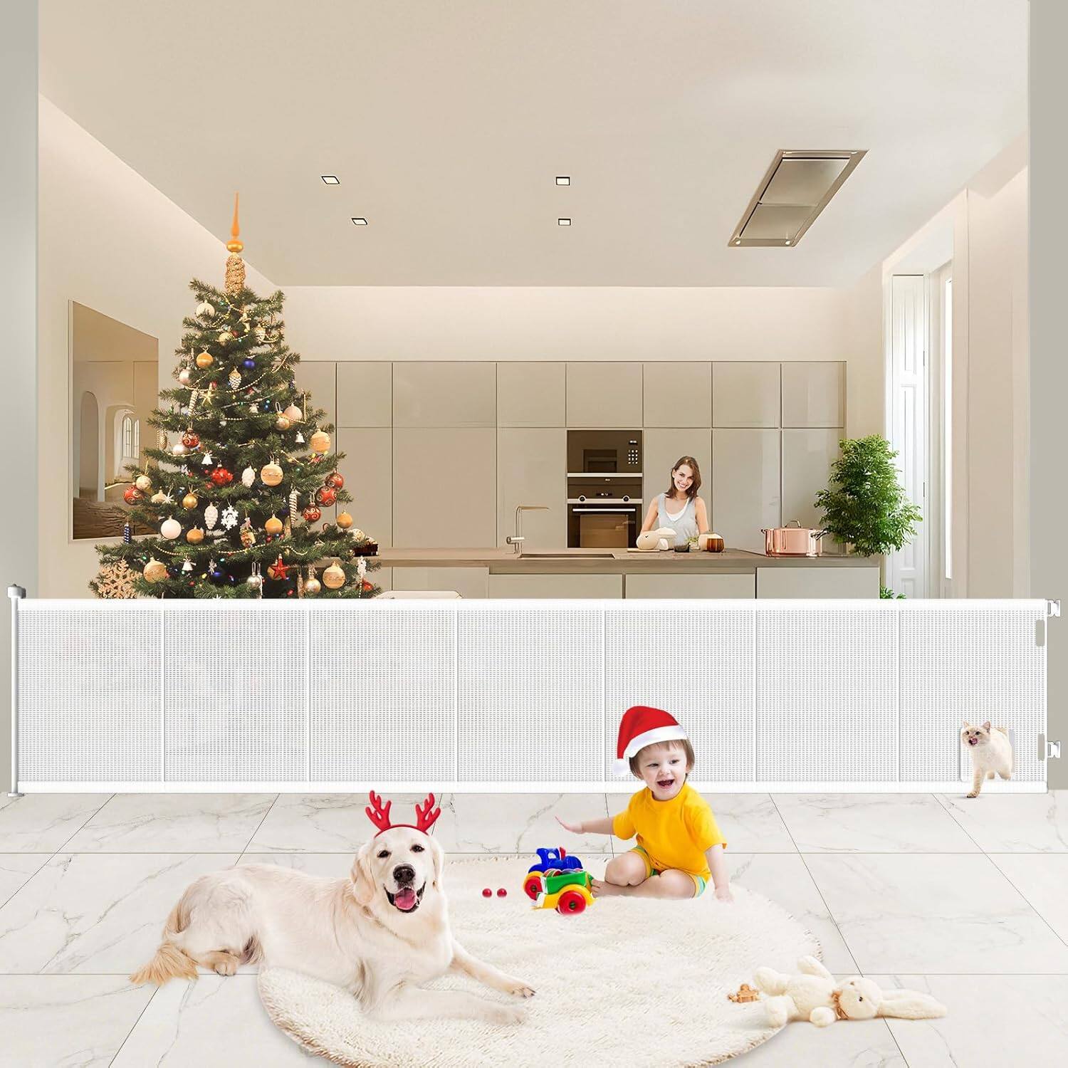 Alt View 4. Pawtners - Pawtners 41" Tall Retractable Baby & Pet Gate, Extra Wide Up to 120", Indoor/Outdoor Safety Gate with Cat Door, White - White.