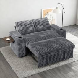 Vipbear - 65.5" Corduroy Sofa Adjustable Backrest with Hidden Storage Box, Side Storage Bag USB Charging Side Table &Cup Holder - Dark Gray