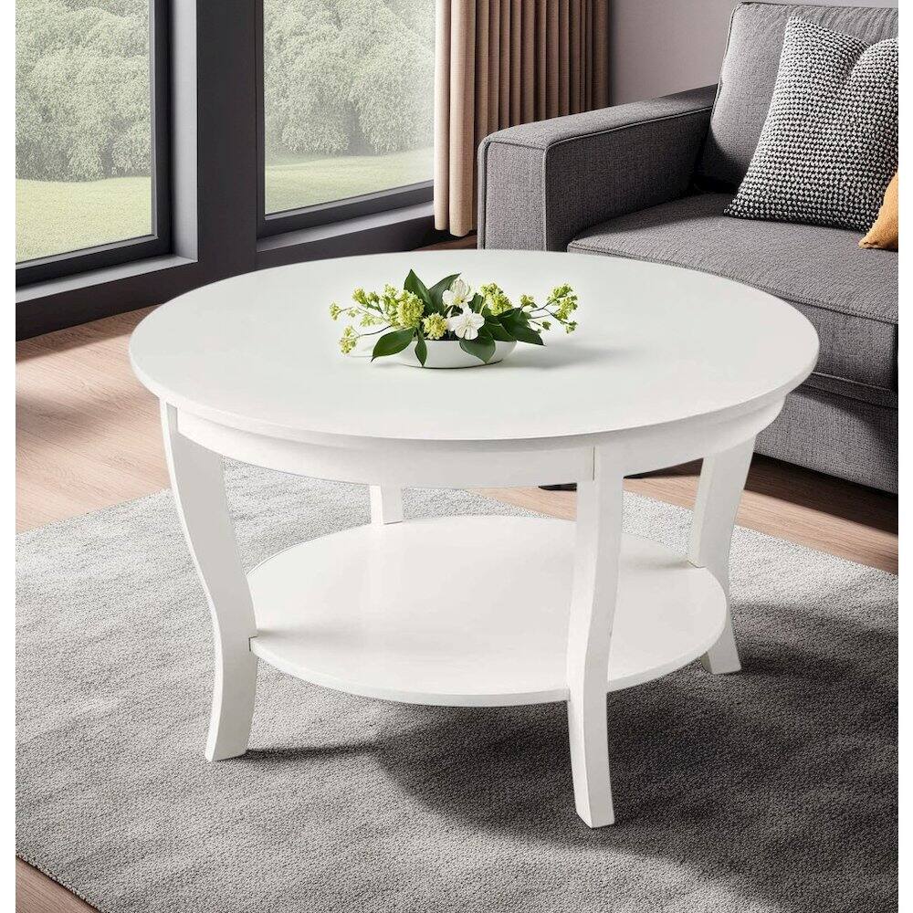 Back. FurniFact - White Round Coffee Table with Shelf, MDF and Solid Rubberwood Construction - White.