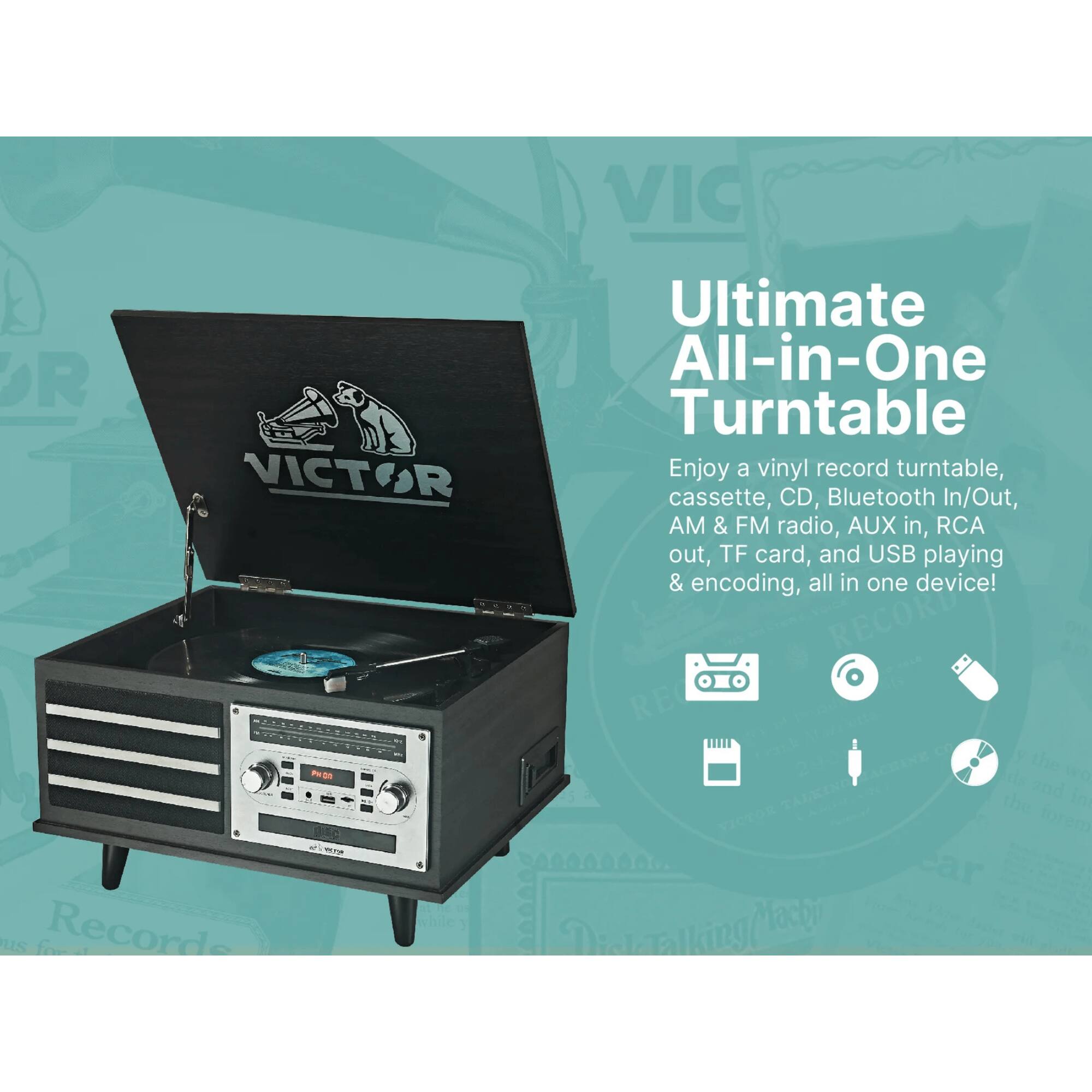 Ultimate All-in-One Turntable

Enjoy a vinyl record turntable, cassette, CD, Bluetooth In/Out, AM & FM radio, AUX in, RCA out, TF card, and USB playing & encoding, all in one device!