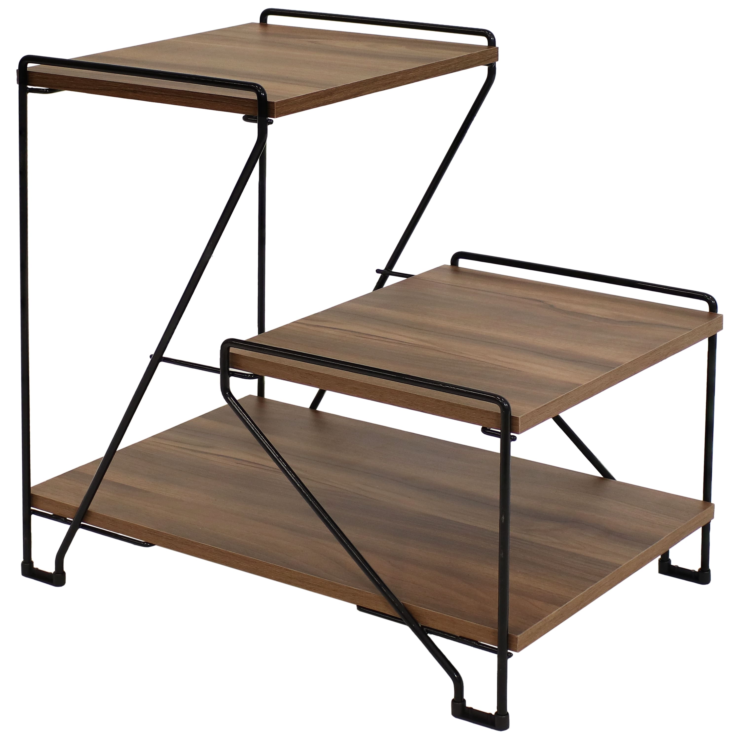 Sunnydaze - Indoor 3-Tiered Wire Accent Table with Faux Woodgrain Tabletops - Brown