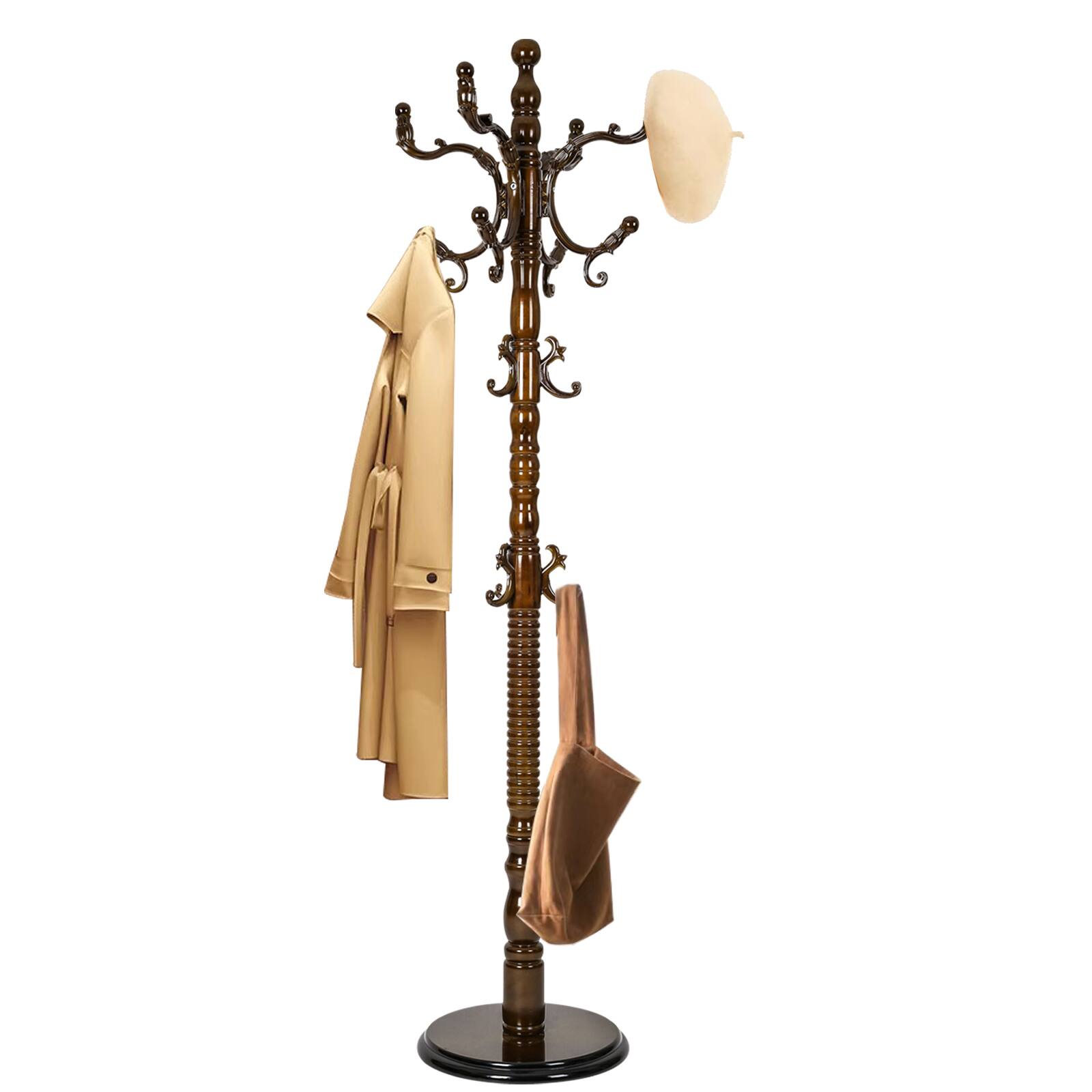 Front. Chateau Abodes - Solid Wood Coat Rack, Free Standing Hall Coat Tree with 14Hooks, 3 Height Options, 300lbs Load, Stury Base - Light Brown.