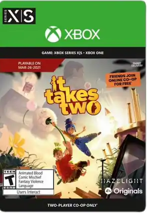 SERIES X S XBOX GAME: XBOX SERIES XBOX ONE PLAYABLE ON SMART DELIVERY MAR-26-2021 FRIENDS JOIN ONLINE CO-OP it TAKES TWO TEEN Animated Blood Comic Mischief T Fantasy Violence ESRB Language Users Interact HIAZELIGHT Originals TWO-PLAYER CO-OP ONLY - T (Teen 13+)