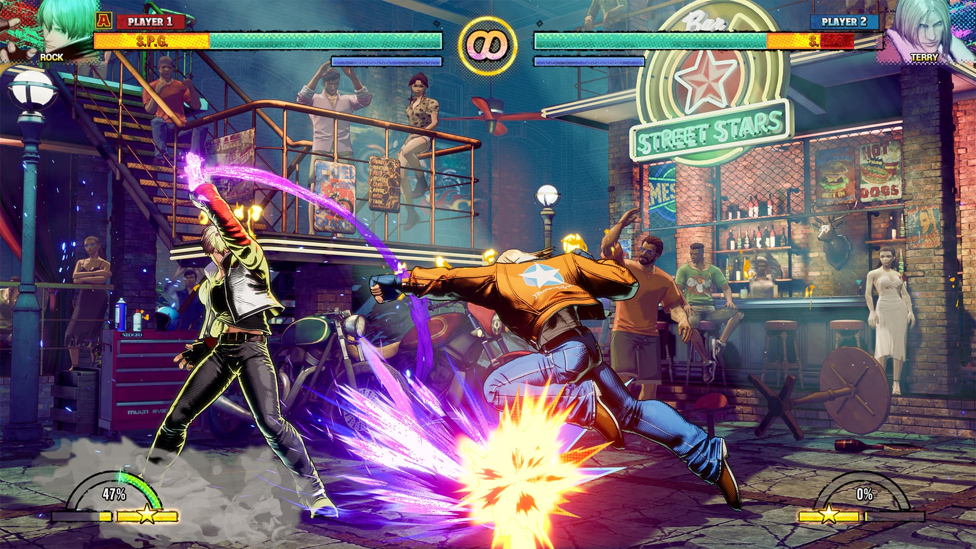 The text on the image reads: "ROCK A PLAYER 1 S.P.G. 8 Bar PLAYER 2 TERRY J.S. Rosa Dn AINC THAK STREET STARS JUICY BURGER HOT FENE MES PEST IN DOGS VITO TO Juna MX80 mULTI SVS 47% 0%".