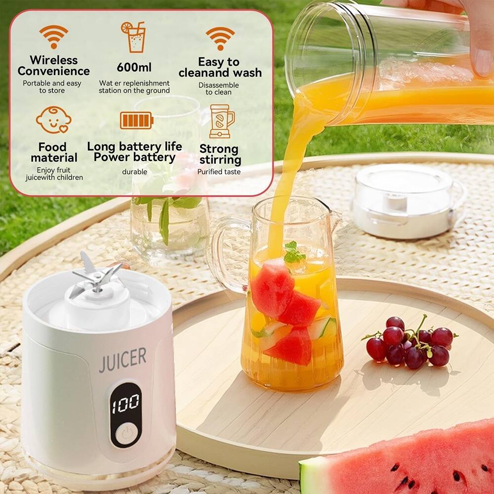 - Wireless Convenience
  - Portable and easy to store

- 600ml
  - Water replenishment station on the ground

- Easy to clean and wash
  - Disassemble to clean

- Food material
  - Enjoy fruit juice with children

- Long battery life
  - Power battery durable

- Strong stirring
  - Purified taste

- JUICER