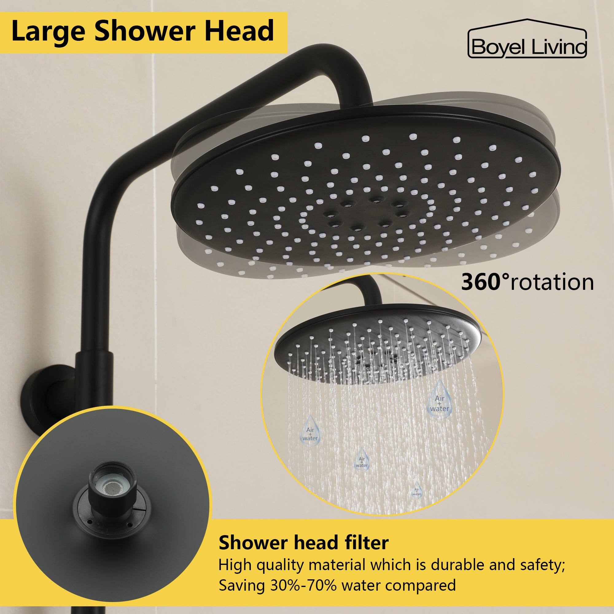 Large Shower Head by Boyel Living - 360 rotation, 360 air water, water-saving 30%-70% compared to traditional shower heads. High quality, durable, and safe material. Shower head filter included.