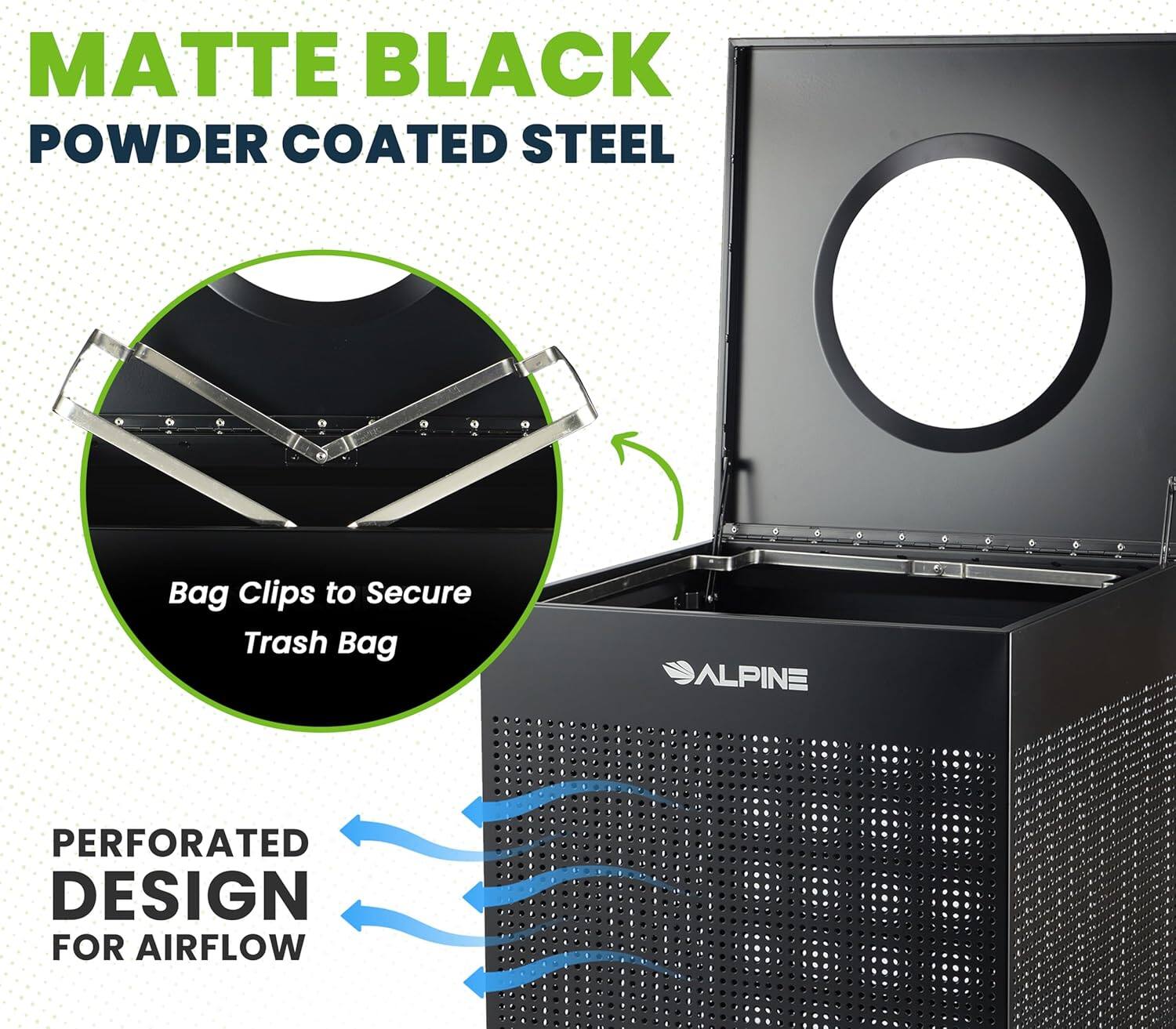 MATTE BLACK POWDER COATED STEEL, Bag Clips to Secure Trash Bag, ALPINE, PERFORATED DESIGN FOR AIRFLOW
