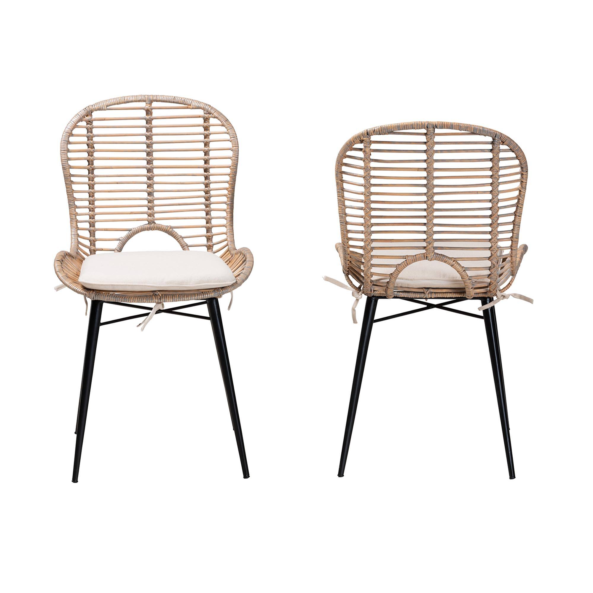 Angle. bali & pari - Brenna Modern Bohemian Rattan and Metal 2-Piece Dining Chair Set - Greywash/Natural Brown/White.