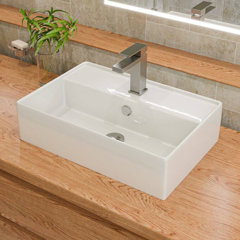 Angle. Alfi - White 24" Modern Rectangular Above Mount Ceramic Sink with Faucet Hole - White.