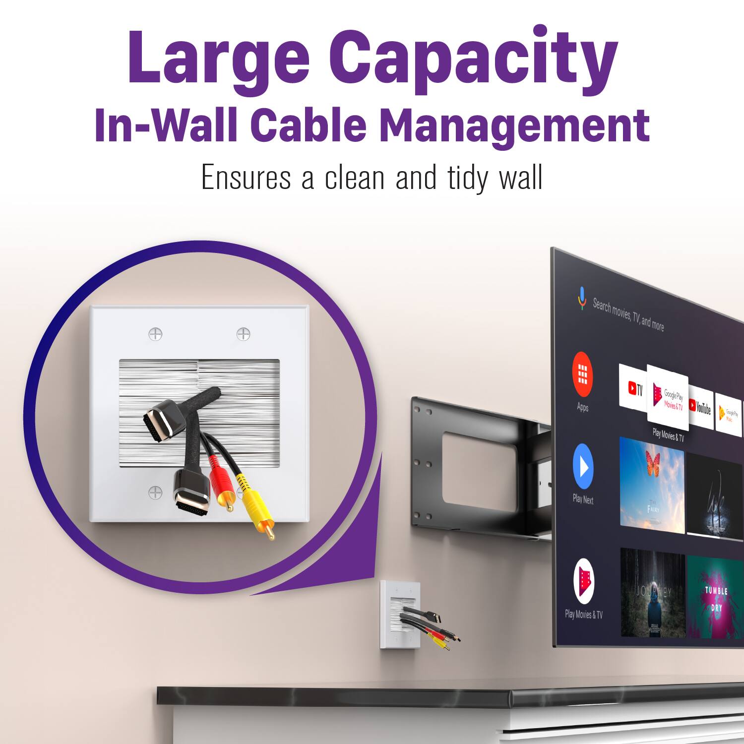 Large Capacity In-Wall Cable Management  
Ensures a clean and tidy wall