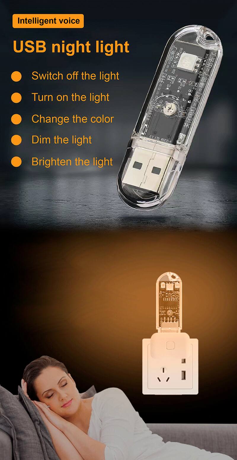 Intelligent voice, USB night light, Switch off the light, Turn on the light, Change the color, Dim the light, Brighten the light.