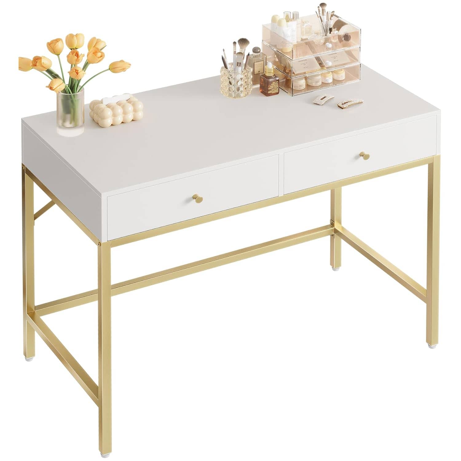 Zell Electronics - 31.5 Inch White & Gold DeskTwo Drawer Modern Vanity or Writing Table for Bedroom or Office - White and Gold
