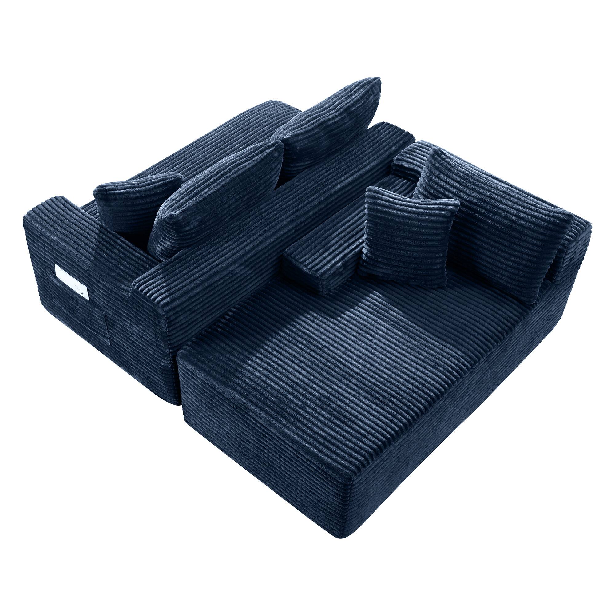 Back. Boyel Living - 106.3-Inch Corduroy Modular L-Shaped Cloud Sectional Sofa with Chaise - Blue.
