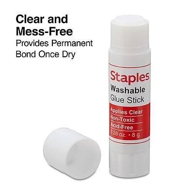 Clear and Mess-Free  
Provides Permanent Bond Once Dry  

Staples  
Washable Glue Stick  
Applies Clear  
Non-Toxic  
Acid-Free  
.28 oz. - 8 g