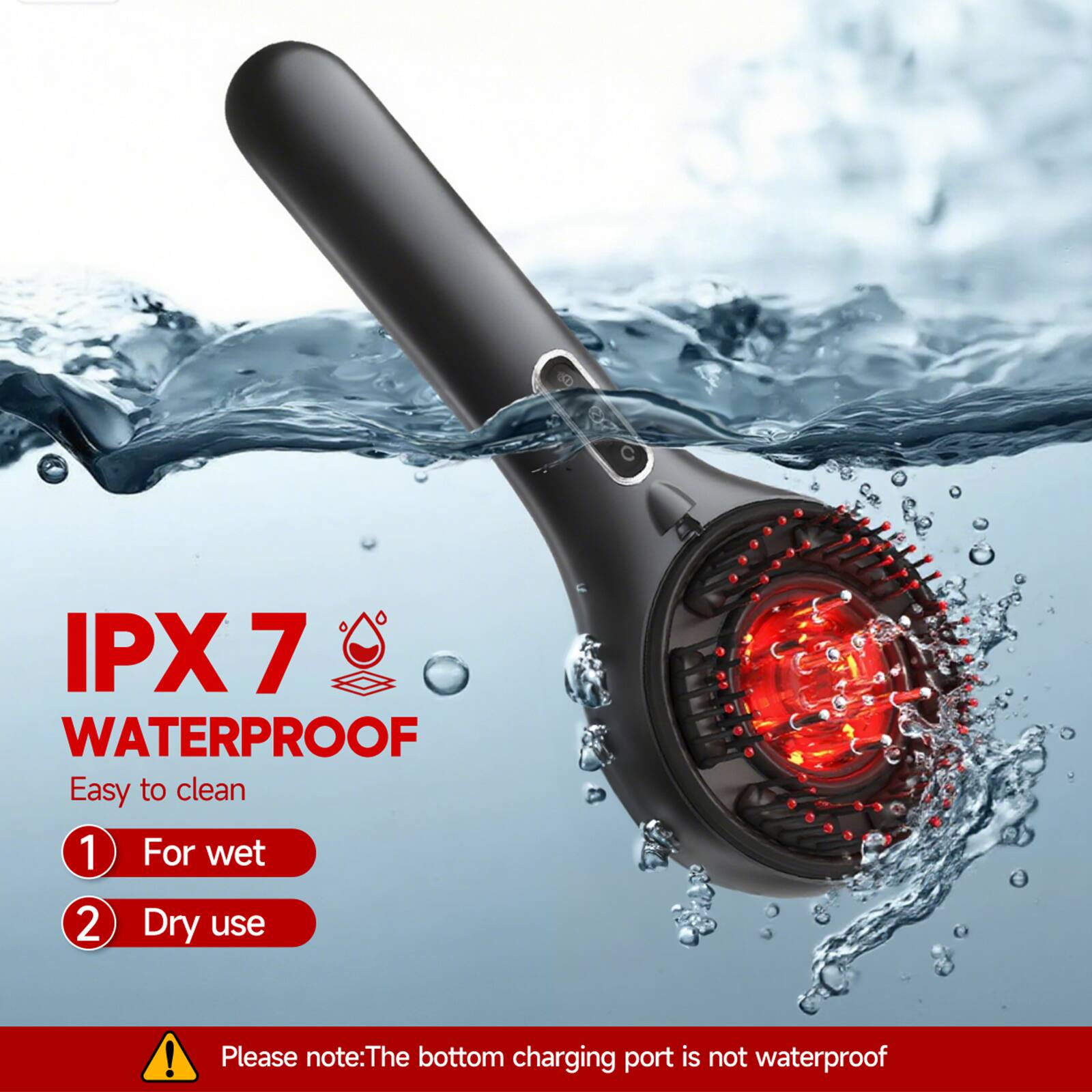 IPX 7 WATERPROOF  
Easy to clean  
1. For wet  
2. Dry use  

Please note: The bottom charging port is not waterproof