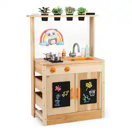 Costway - Mud Kitchen for Kids with Planting Pots Stovetops Removable Sink Acrylic Panel - Natural