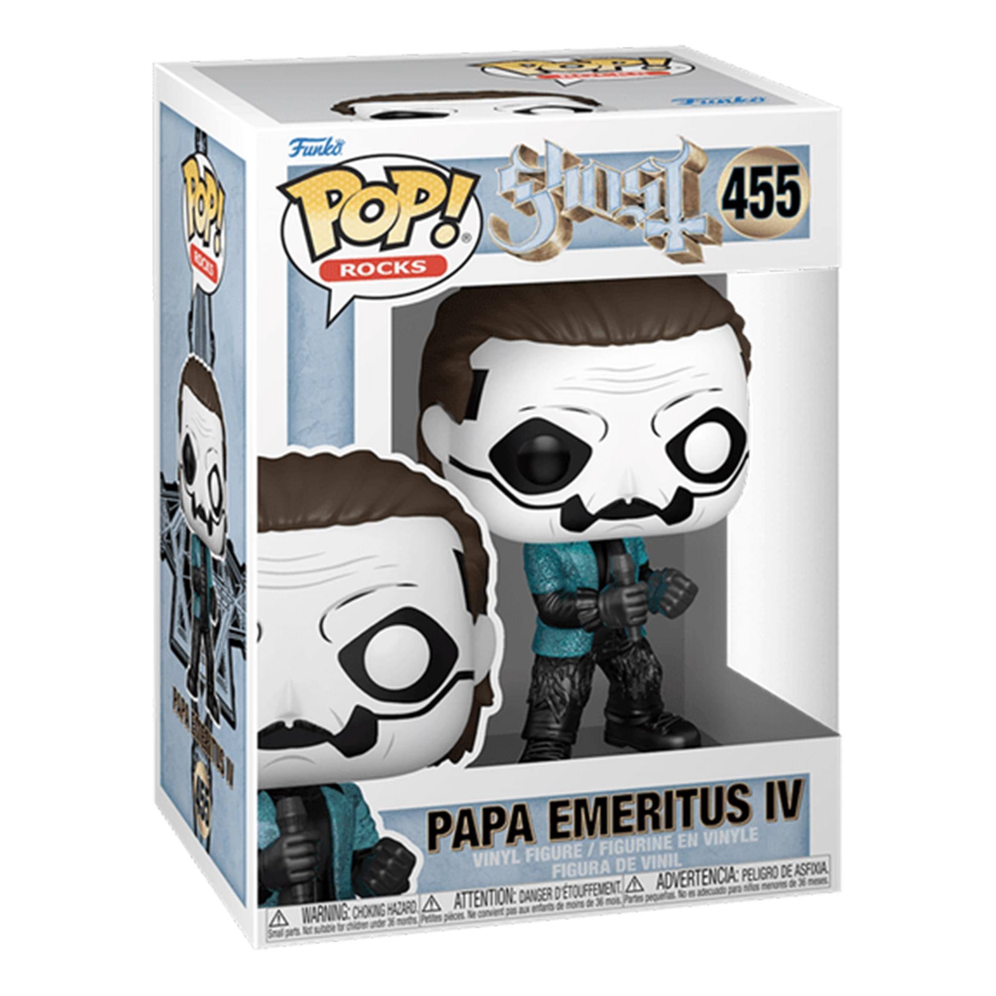 Sure, here is the corrected and grouped text from the image:

---

**Funko POP! Rocks**

**455**

**Papa Emeritus IV**

**Vinyl Figure / Figurine en Vinyle / Figura de Vinilo**

**Warning: Choking Hazard - Small parts. Not for children under 3 years.**

**Attention: Danger d'étouffement - Petite pièce. Ne convient pas aux enfants de moins de 3 ans.**

**Advertencia: Peligro de asfixia - Piezas pequeñas. No es adecuado para niños menores de 3 años.**

---
