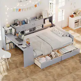 Tiramisubest - Full Size Daybed with Cabinets and 2 Drawers,Multi-functional Daybed Frame with Study Desk and Built-in Bookshelf,Gray - Gray