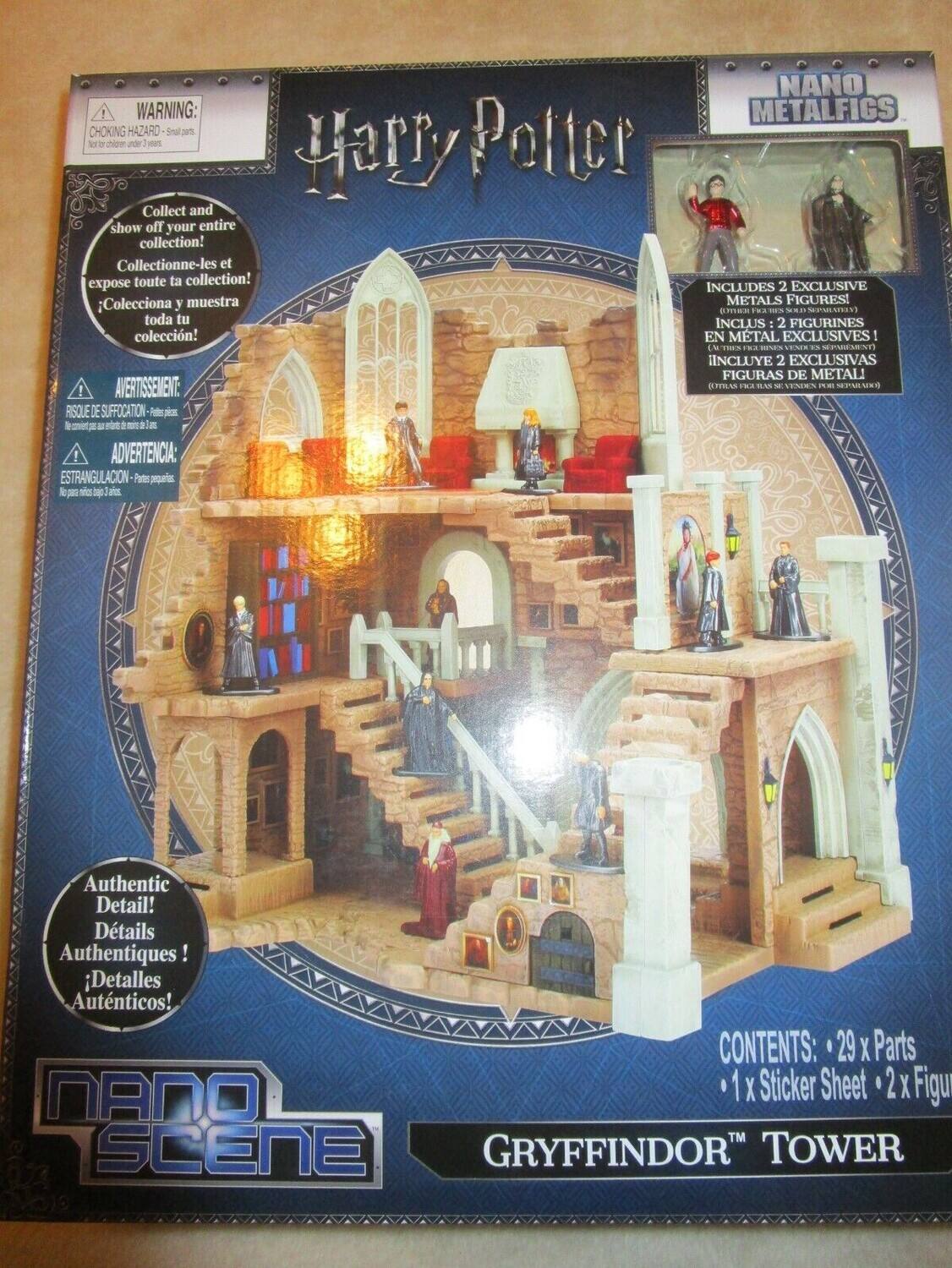 Here is the corrected and grouped text from the image:

---

**WARNING: CHOKING HAZARD**  
Small parts. Not for children under 3 years.

**Collect and show off your entire collection!**  
Collectionne-les et expose toute ta collection!  
Colecciona y muestra toda tu colección!

**AVERTISSEMENT: RISQUE DE SUFFOCATION**  
Pequeñas piezas. No apto para menores de 3 años.

**ADVERTENCIA: ESTRANGULACIÓN**  
Piezas pequeñas. No apto para menores de 3 años.

**NANO METALFIGS**  
Includes 2 exclusive metal figures!  
Incluye 2 figuras en metal exclusivas!  
Incluye 2 figuras de metal exclusivas!

**Authentic Detail!**  
Détails Authentiques!  
¡Detalles Auténticos!

**CONTENTS:**  
29 x Parts  
1 x Sticker Sheet  
2 x Figures

**NANO SCENE**  
GRYFFINDOR TOWER

---

This text is from the packaging of a Harry Potter-themed collectible set.