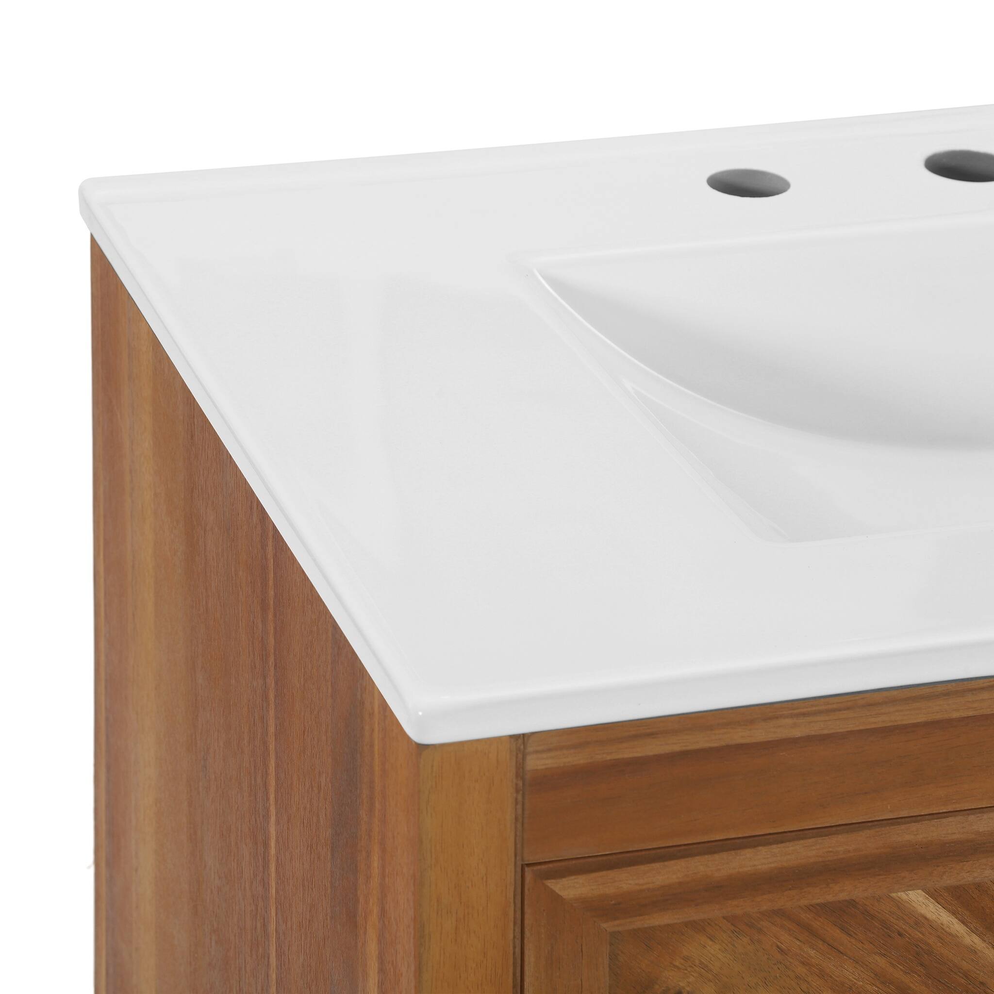 Alt View 3. JUJABU - 30 Inch Freestanding Farmhouse Bathroom Vanity with Integrated White Ceramic Sink Top and Full Extension Drawer - Natural.