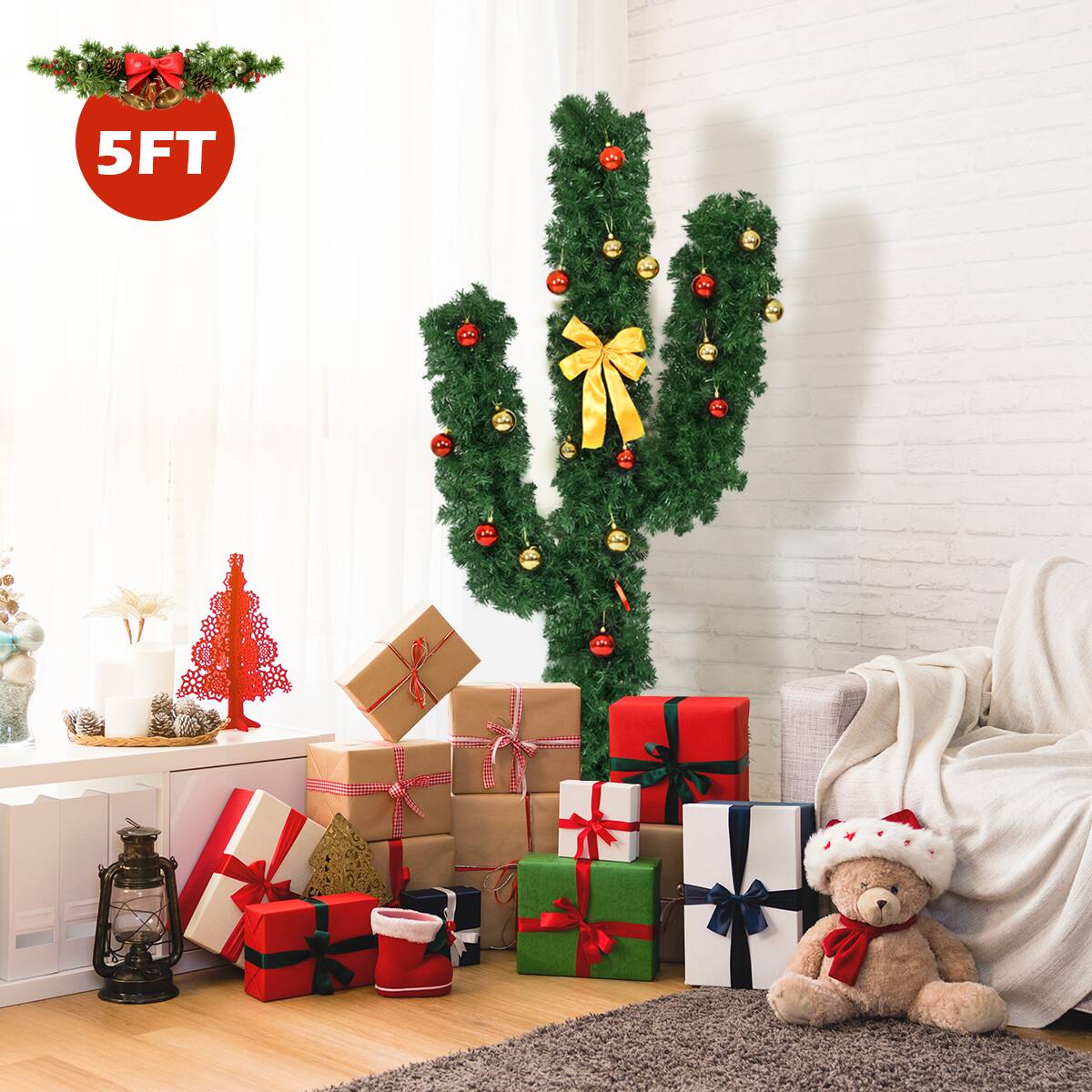 Alt View 18. Costway - 5Ft Pre-Lit Cactus Christmas Tree LED Lights Ball Ornaments - Green.