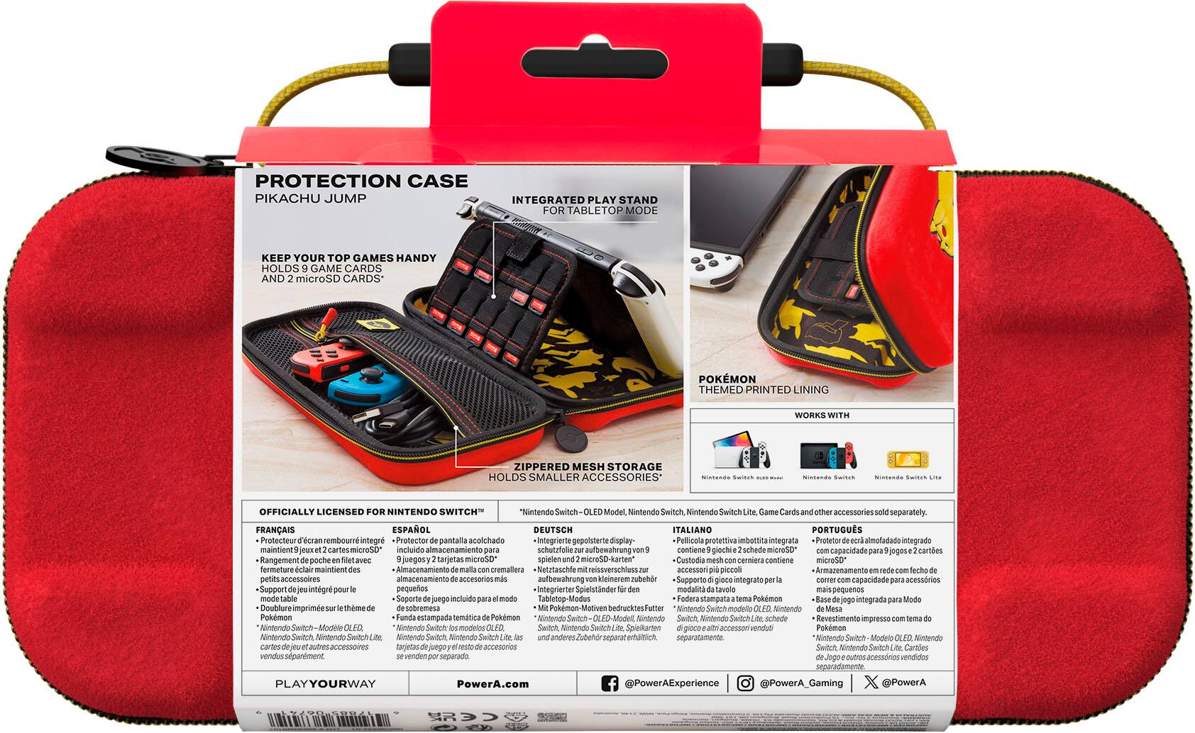 PROTECTION CASE PIKACHU JUMP INTEGRATED PLAY STAND FOR TABLETOP MODE KEEP YOUR TOP GAMES HANDY HOLDS GAME CARDS AND microSD CARDS POKMON THEMED PRINTED LINING WORKS ZIPPERED MESH STORAGE HOLDS SMALLER ACCESSORIES OFFICIALLY LICENSED NINTENDO SWITCH "Nintendo Switch Model, Nintendo Switch, Nintendo Switch Game Cards accessories separately. FRANAIS ESPAOL DEUTSCH ITALIANO PORTUGUS Protecteur d'cran embourr integr Protector pantalla acoichado Integrierte gepolsterte display Pellicola protettiva imbottita integrata Protetor almofadado integrado maintient microSc incluido almacenamiento schutzfol ufbewahrung contiene giochi schede microSD capacidade cartes Rangemen poche juegos tarjetas microSD spielen microSD-karten Custodia cerniera contiene microSD* fermeture maintient Almacenamiento cremallera etztaschfe reissverschluss accessor piccoli Armazenamento accessoires almacenamiento accesorios aufbewahrung kfeiner zubchr Suppor integrato capacidade a.