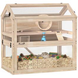 Pawhut - Hamster Cage, 3-Tier Small Animal Cage with Hut, Seesaw, Ramps, Exercise Wheel - Natural Wood