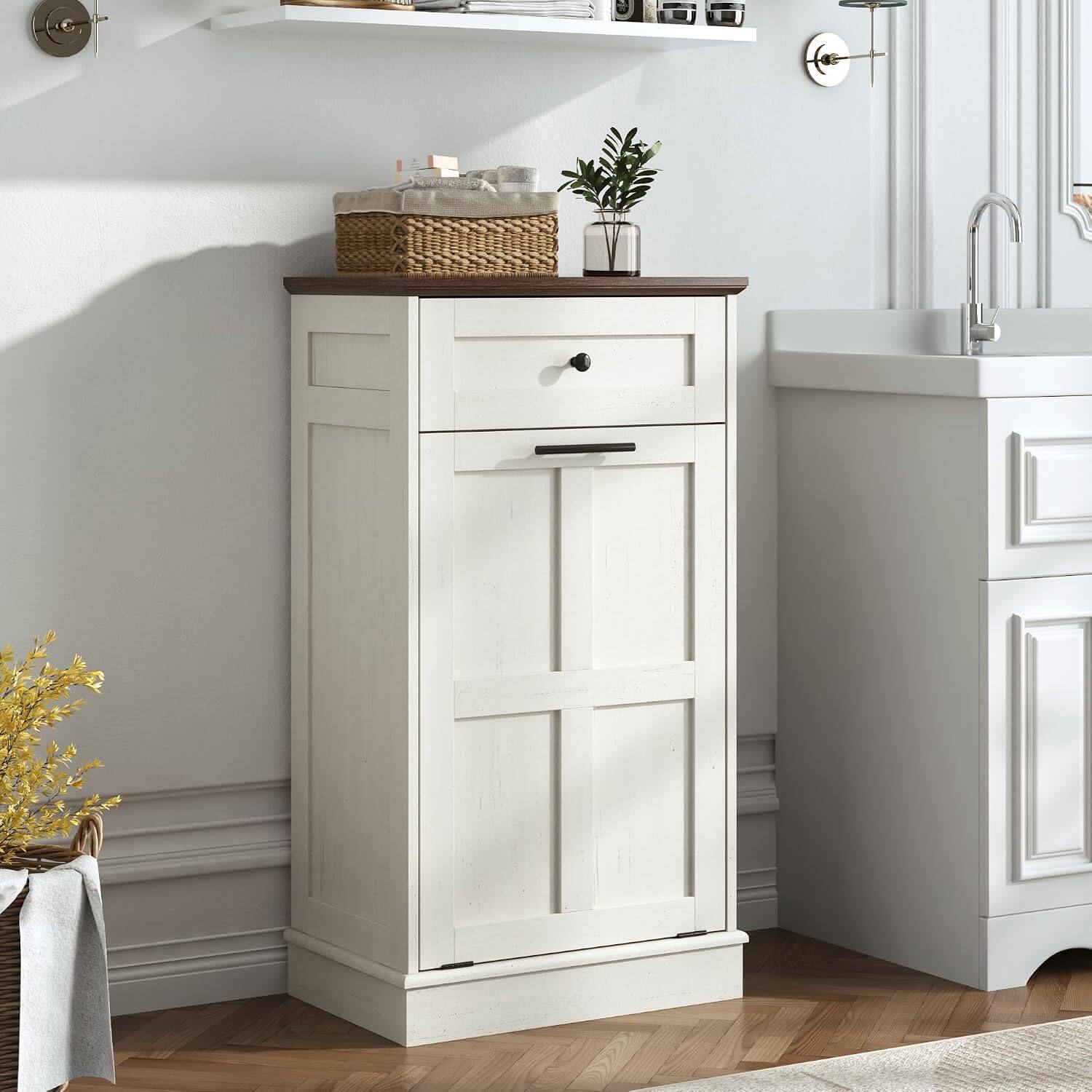 Angle. Espafurni - Double 13-Gallon Trash Can Cabinet, Farmhouse Tilt-Out Garbage Bin with Drawers & Laundry Hamper.