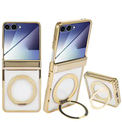 Front. Dteck - Electroplated Frame Case for Samsung Galaxy Z Flip7 with Kickstand, Magnetic Clear Rigid Plastic Hinge Protection Cover - Gold.