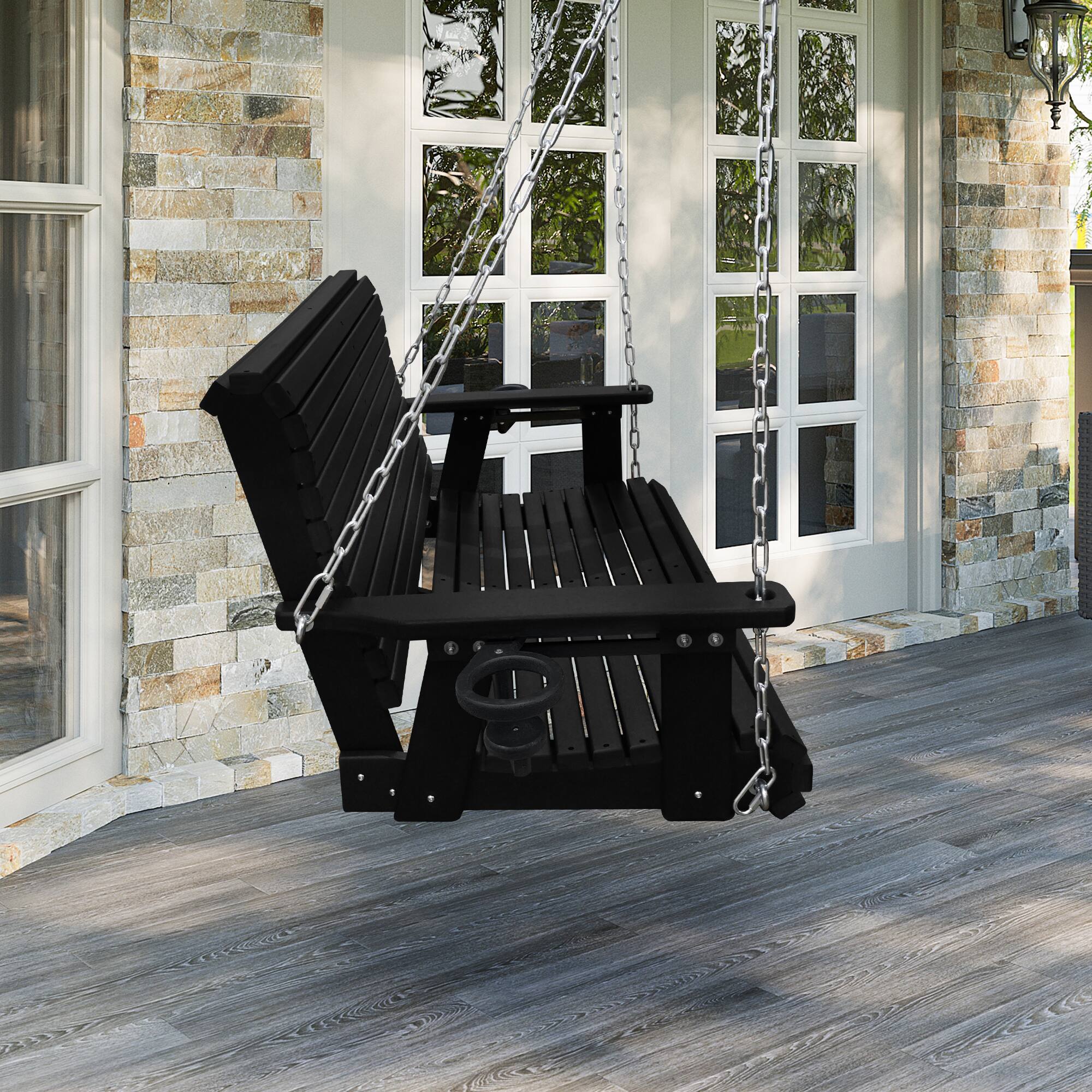 Back. Fortune Candy - HDPE Porch Swing with Ergonomic Design, Ultra Weather-Resistant, Heavy Duty 1200 LBS, for Outdoor Patio Garden Yard - Darknight Black.