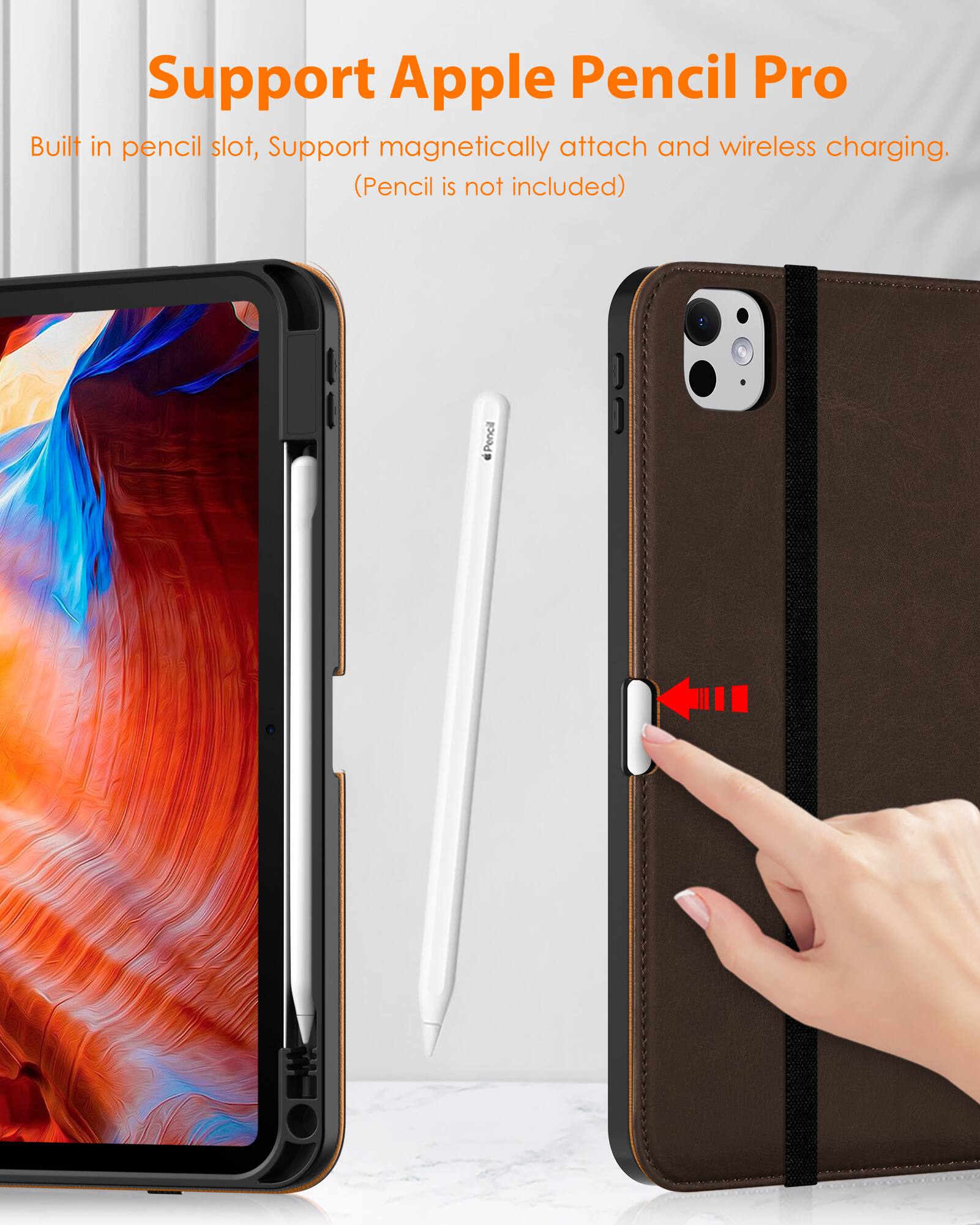 Support Apple Pencil Pro

Built in pencil slot, Support magnetically attach and wireless charging. (Pencil is not included)