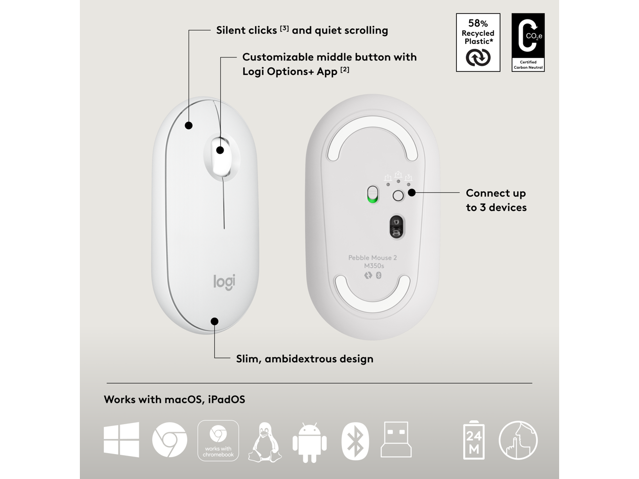 Silent clicks [3] and quiet scrolling  
Customizable middle button with Logi Options+ App [2]  
58% Recycled Plastic*  
CO2e Certified Carbon Neutral  

Connect up to 3 devices  

Slim, ambidextrous design  

Works with macOS, iPadOS, Chromebook  

24 M