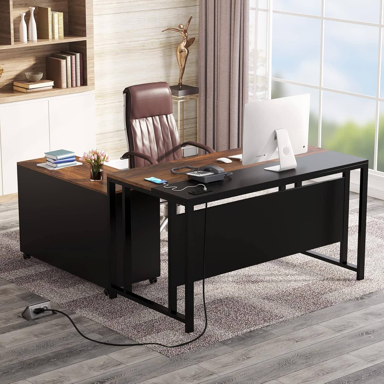 Zell Electronics - 55 Inch Executive Desk with Lateral File Storage Cabinet for Home or Business Use - Brown