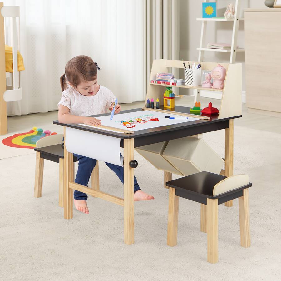 Costway Kids Art Table Chairs Set Wooden Drawing Desk with Paper