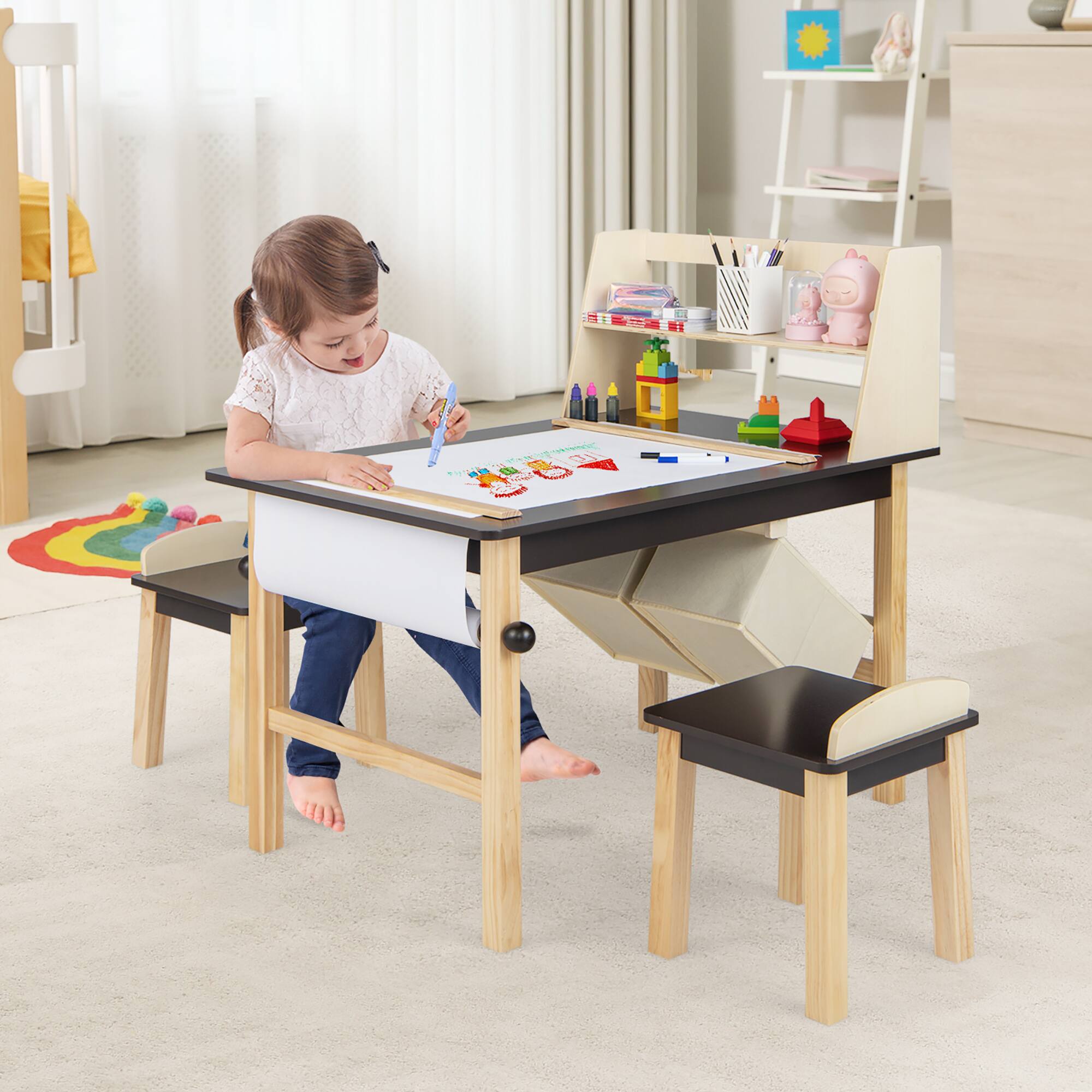Alt View 3. Costway - Costway Kids Art Table & Chairs Set Wooden Drawing Desk with Paper Roll Storage Shelf Bins - Coffee,Natural.