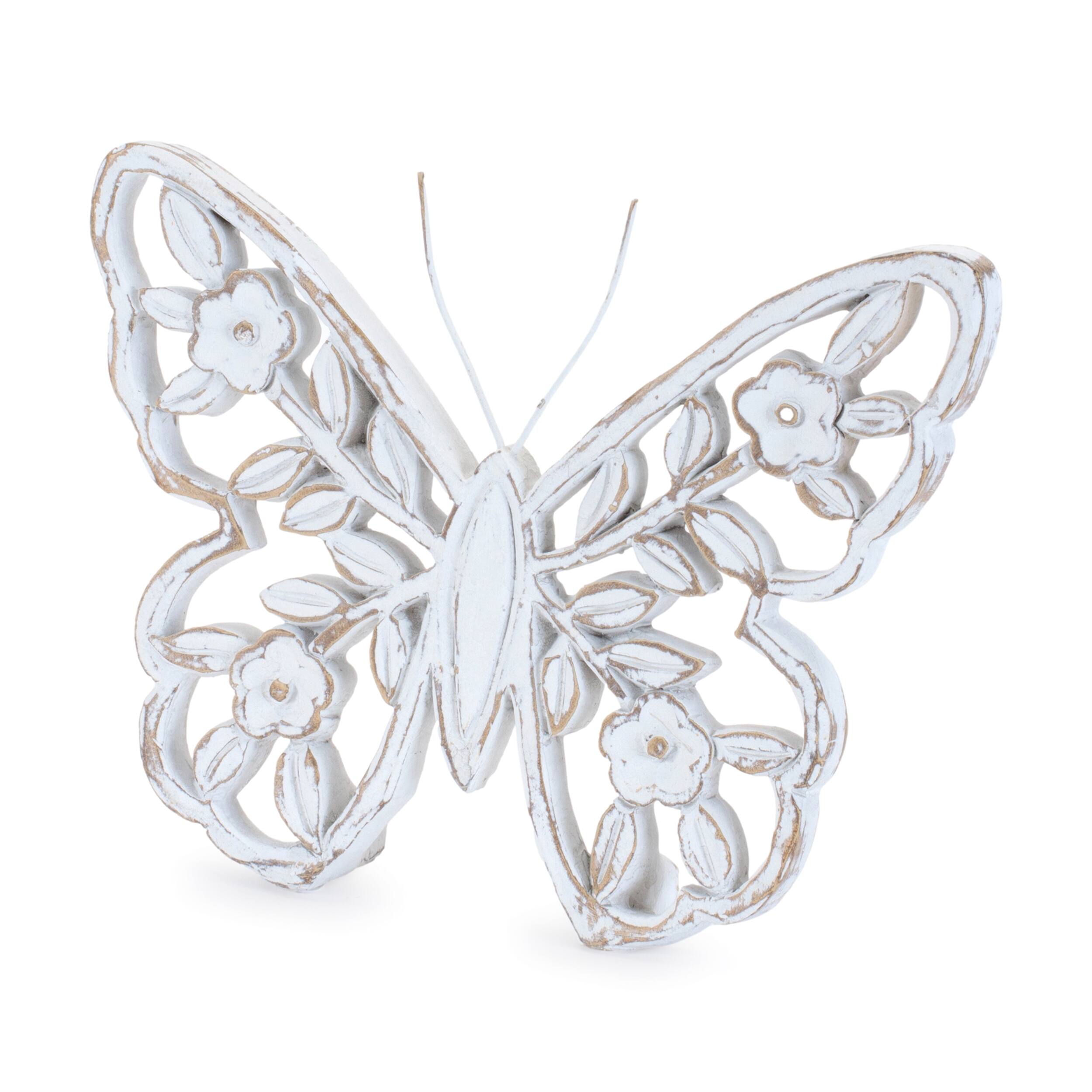 Back. BreeBe - White Washed Floral Butterfly Decor (Set of 2) - White, Beige.