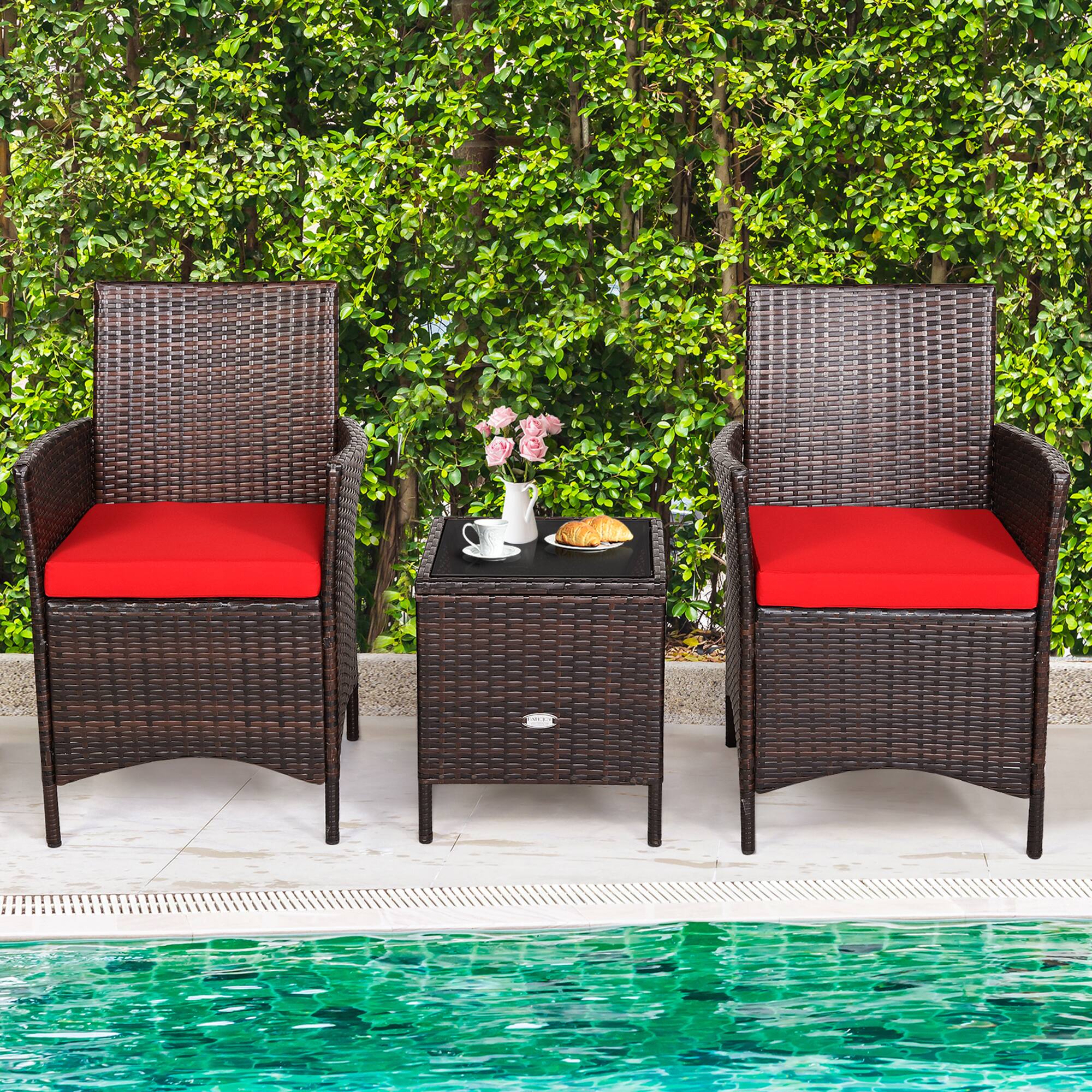 Alt View 3. Gymax - Gymax 3PCS Outdoor Rattan Conversation Set Patio Furniture Set w/ Red Cushions - Brown.