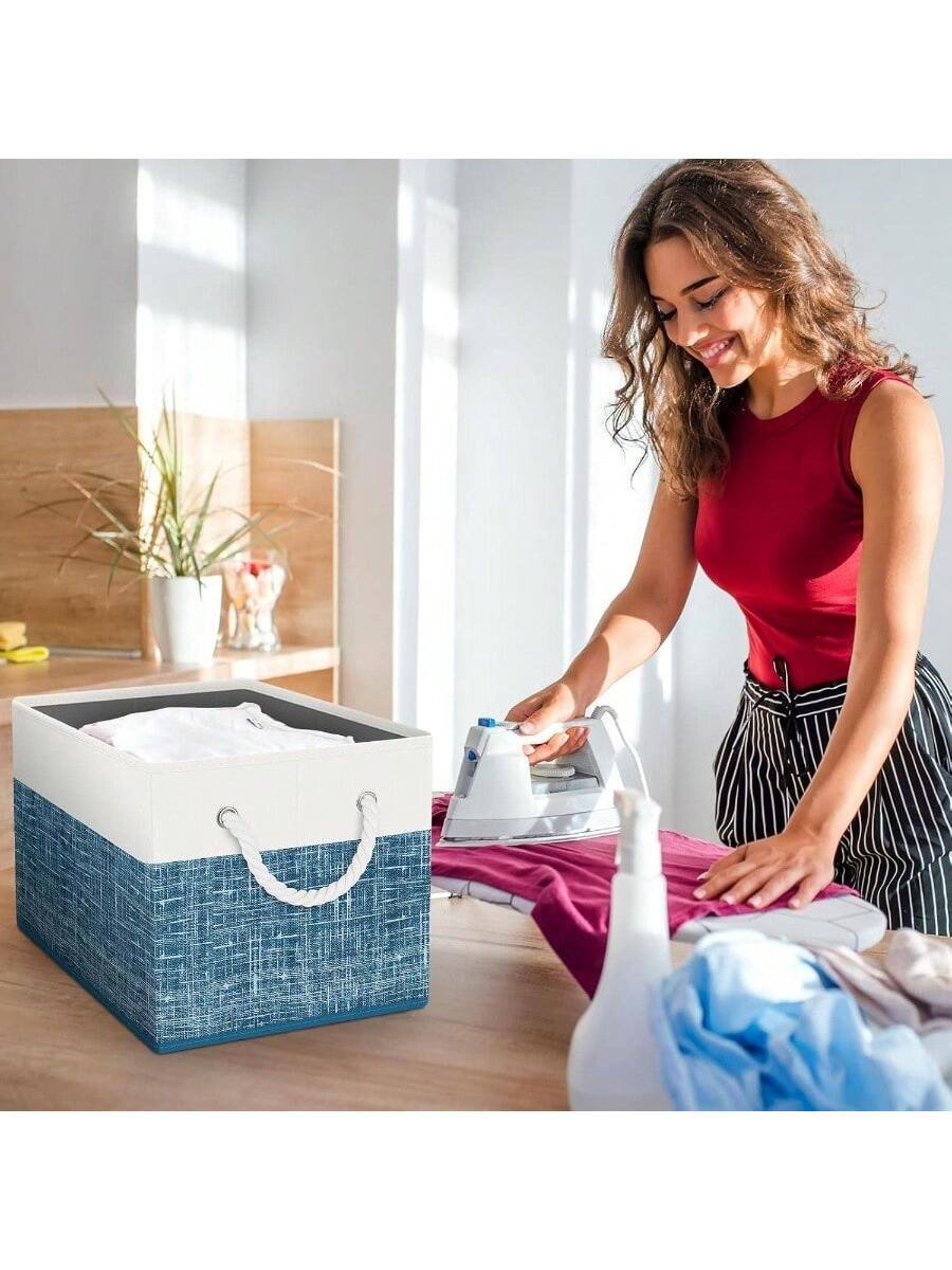 Alt View 6. Live At Space - Storage Bins 3 - Pack Foldable Baskets Organizing Toys, Books, Shelves, Closet, Large Box with Rope Handles, Sturdy - White and Blue + 3-pack.