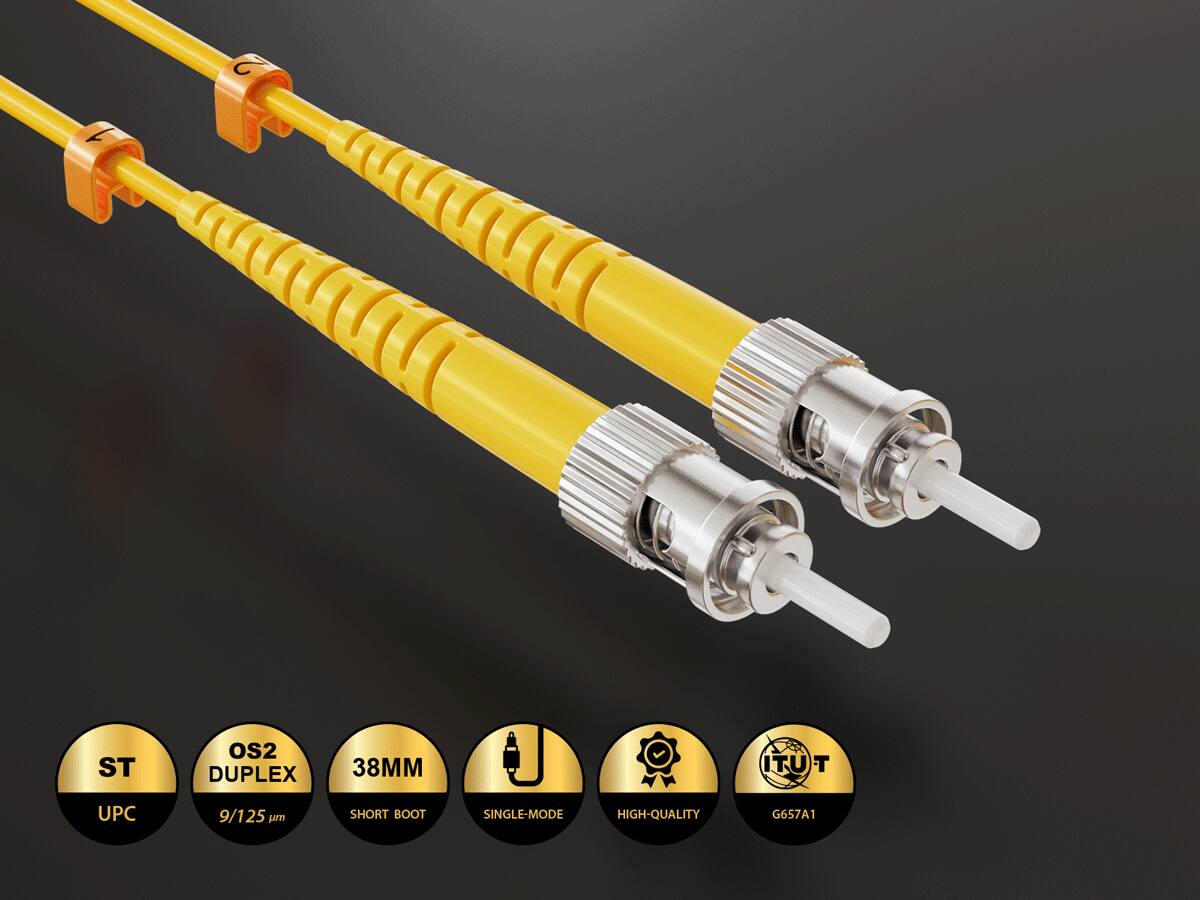 ST  
OS2 DUPLEX  
38MM  
UPC  
9/125 µm  
SHORT BOOT  
SINGLE-MODE  
HIGH-QUALITY  
G657A1