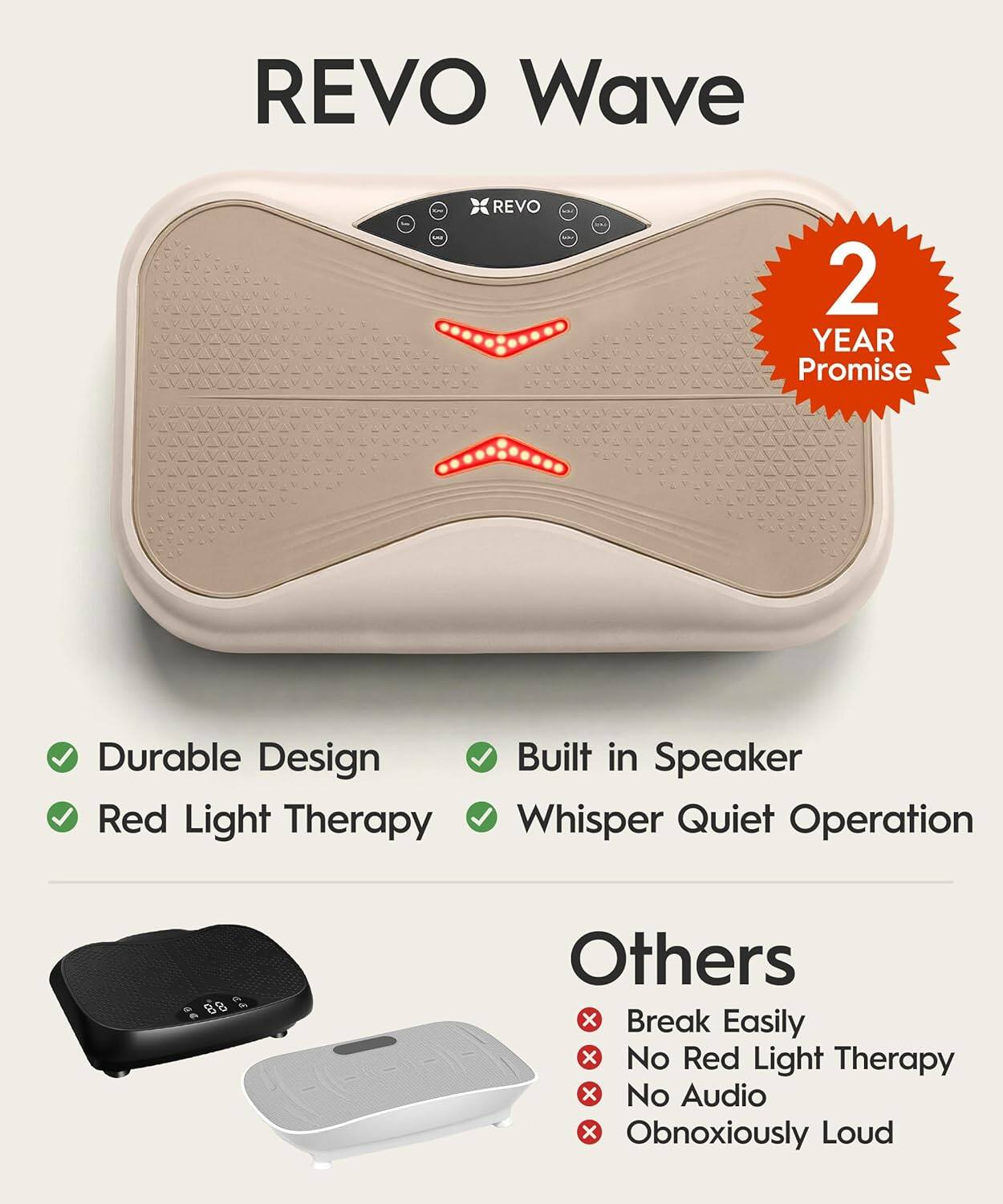 REVO Wave

- 2 YEAR Promise
- Durable Design
- Red Light Therapy
- Built in Speaker
- Whisper Quiet Operation

Others
- Break Easily
- No Red Light Therapy
- No Audio
- Obnoxiously Loud