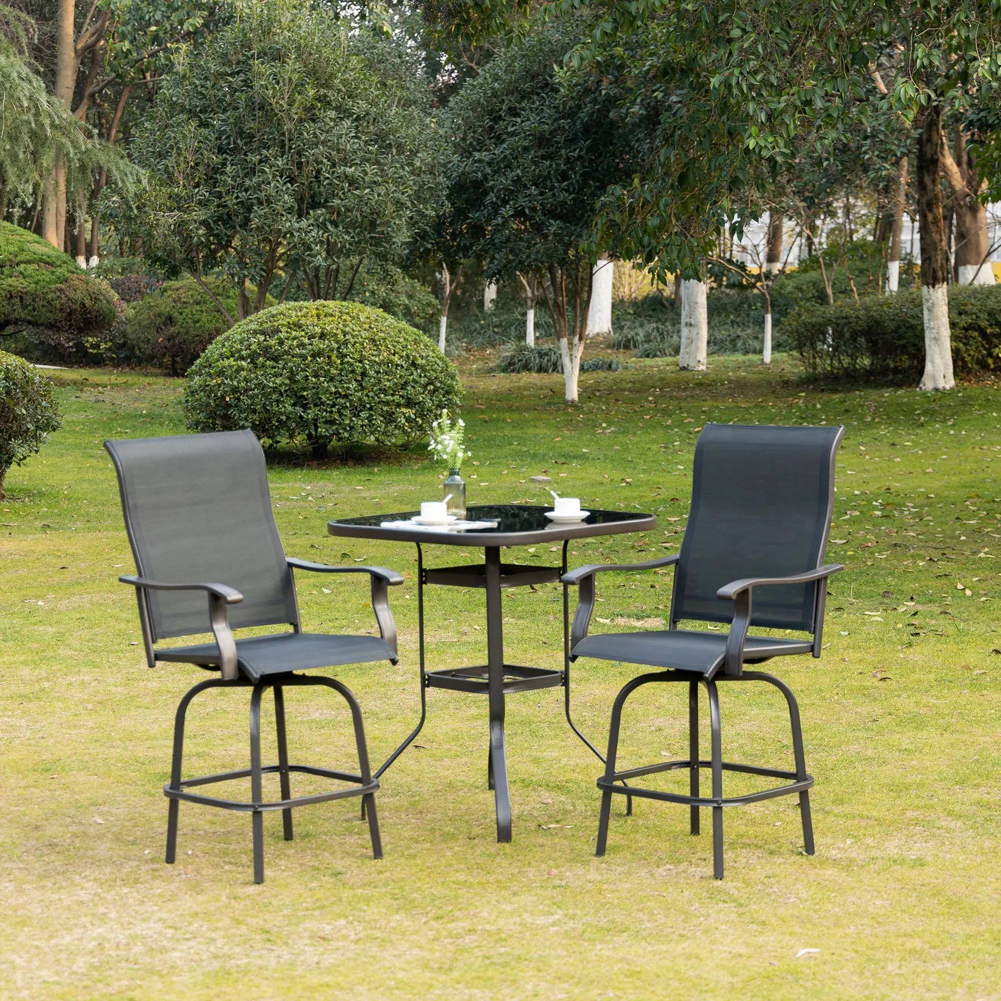 Left. Resenkos - Resenkos 2 Outdoor Swivel Bar Stools Set, Armrests, Bar Height Patio Chairs, Steel, Sling Fabric, Black - Black.