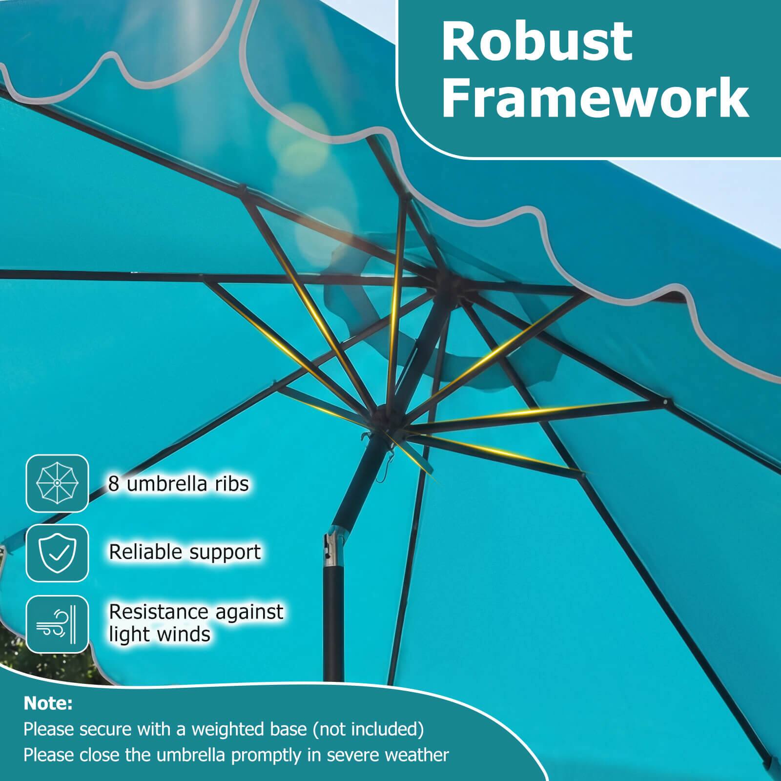 Robust Framework

- 8 umbrella ribs
- Reliable support
- Resistance against light winds

Note: Please secure with a weighted base (not included). Please close the umbrella promptly in severe weather.
