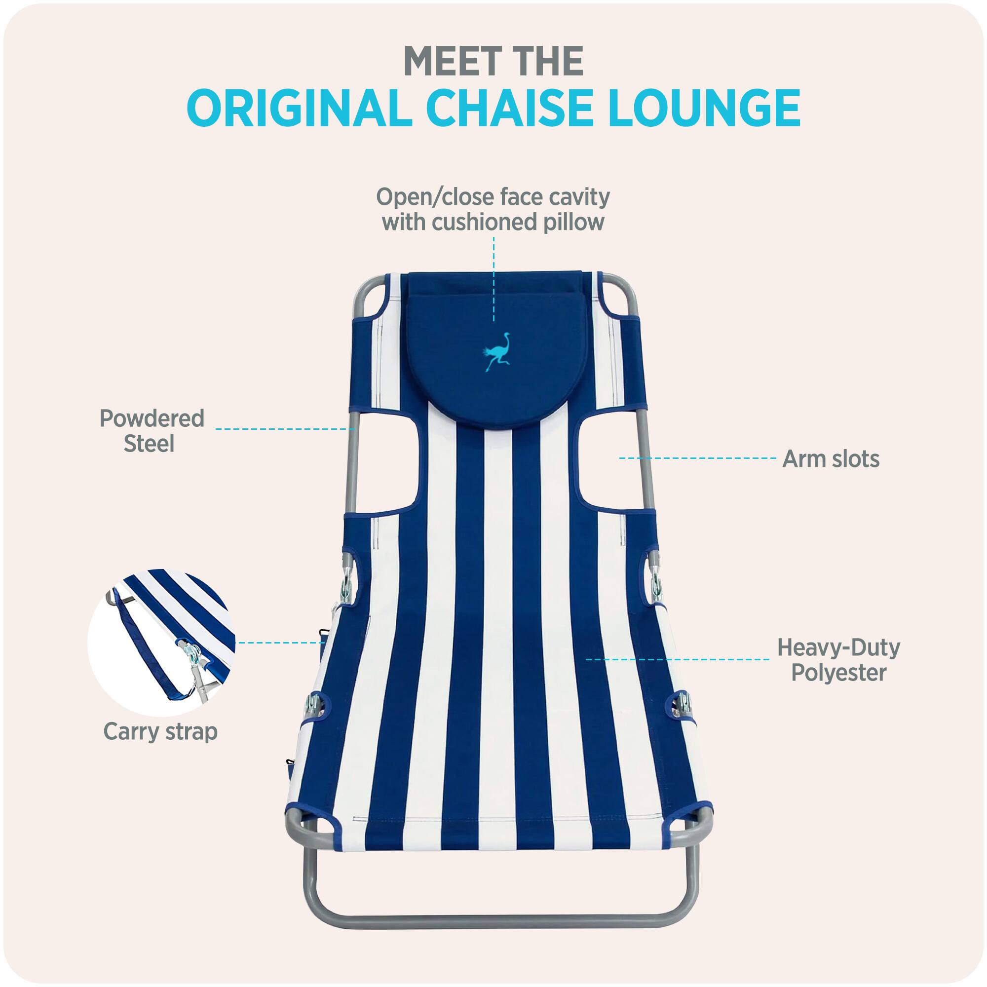 MEET THE ORIGINAL CHAISE LOUNGE

- Open/close face cavity with cushioned pillow
- Powdered Steel
- Arm slots
- Heavy-Duty Polyester
- Carry strap