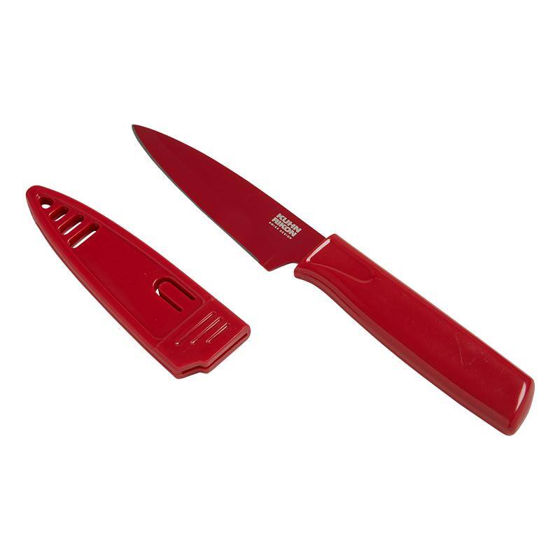 Front. Kuhn Rikon - Colori Non-Stick Straight Paring Knife with Safety Sheath, 4 inch, Red - Red.