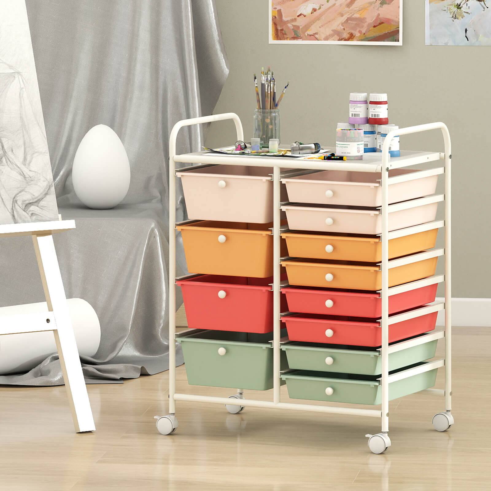 Alt View 3. Costway - Costway 12-Drawer Rolling Storage Cart with Removable Drawers & Lockable Casters for Office - Macaron Multicolor.