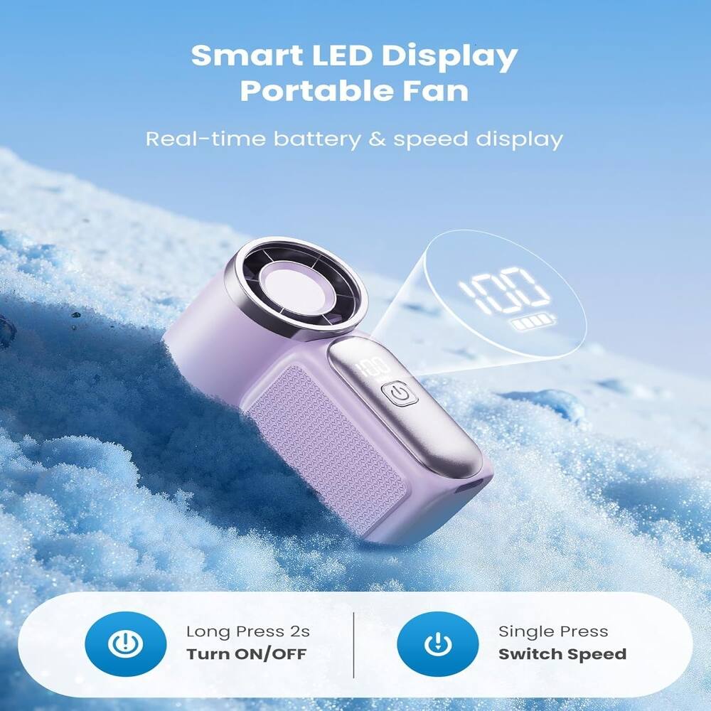 Smart LED Display Portable Fan  
Real-time battery & speed display  

Long Press 2s Turn ON/OFF  
Single Press Switch Speed