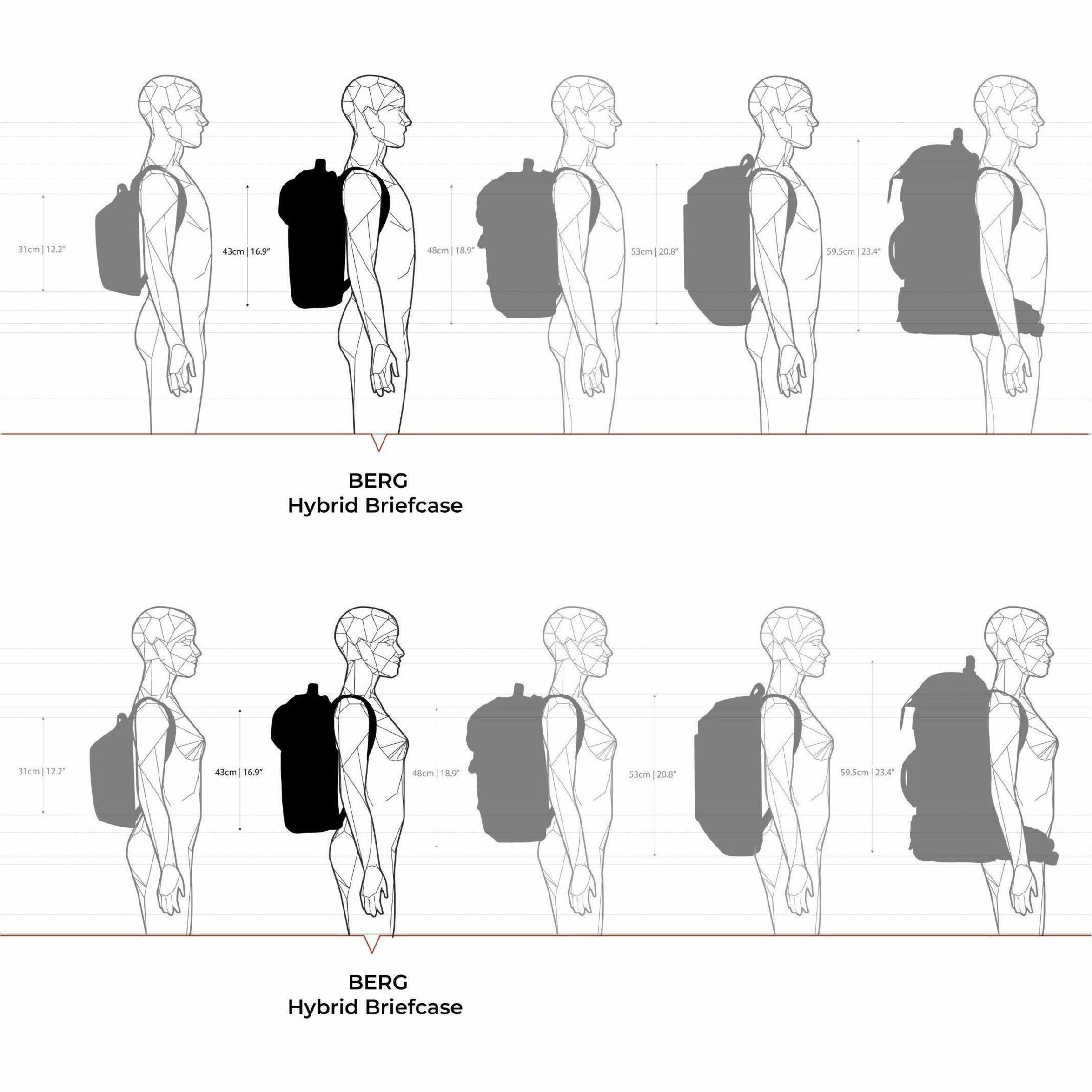 The text on the image is grouped and corrected as follows:

1. Berg Hybrid Briefcase: 31cm (12.2 inches)
2. Berg Hybrid Briefcase: 12.2 cm (4.8 inches)
3. Berg Hybrid Briefcase: 43 cm (16.9 inches)
4. Berg Hybrid Briefcase: 16.9 cm (6.6 inches)
5. Berg Hybrid Briefcase: 18.5 cm (7.3 inches)
6. Berg Hybrid Briefcase: 20.8 cm (8.1 inches)
7. Berg Hybrid Briefcase: 19.3 cm (7.6 inches)
8. Berg Hybrid Briefcase: 21.4 cm (8.4 inches)